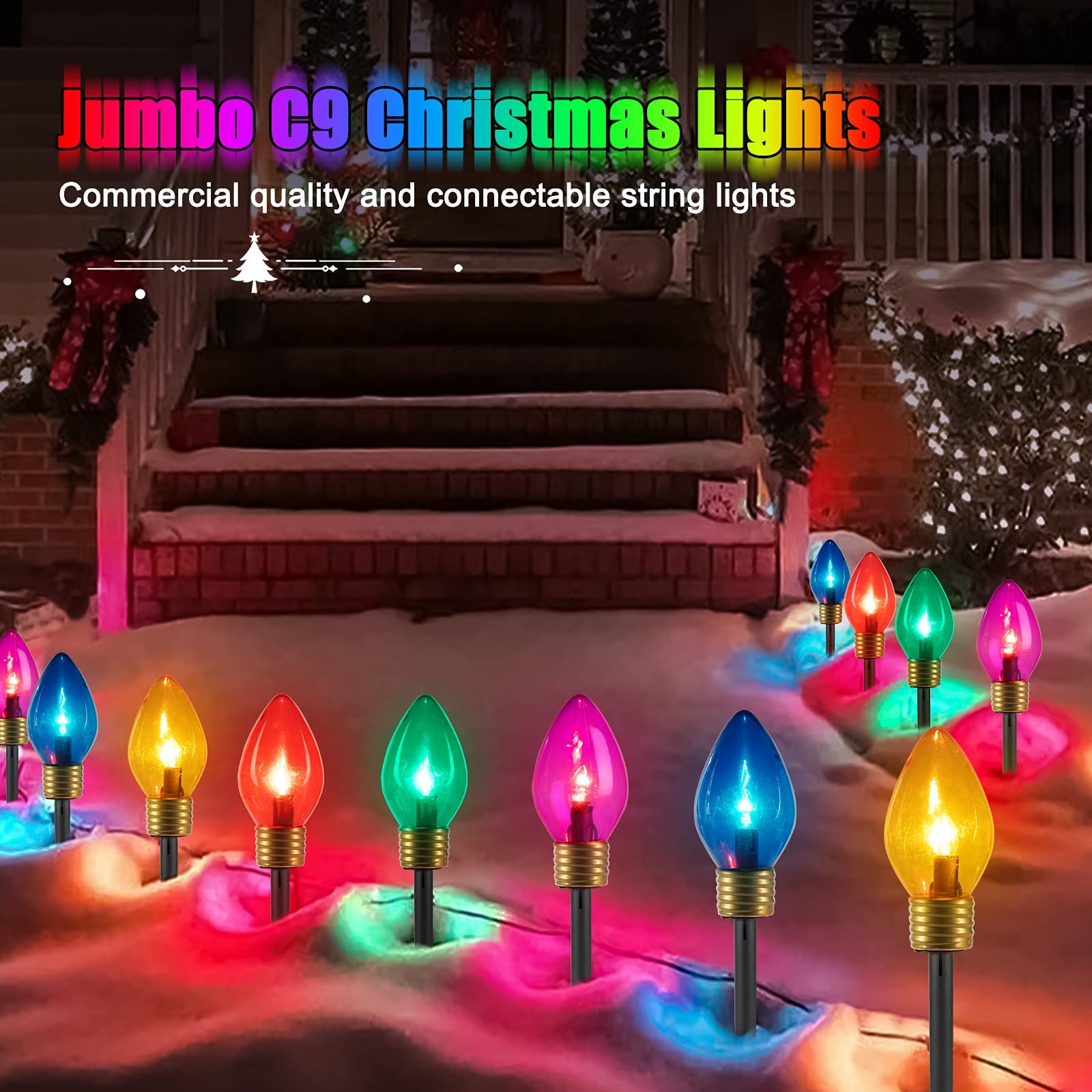 Christmas Lights Jumbo C9 Outdoor Lawn Decorations With Pathway Marker Stakes, 8.5Ft C7 Lights Covered Jumbo Glitter Multicolor