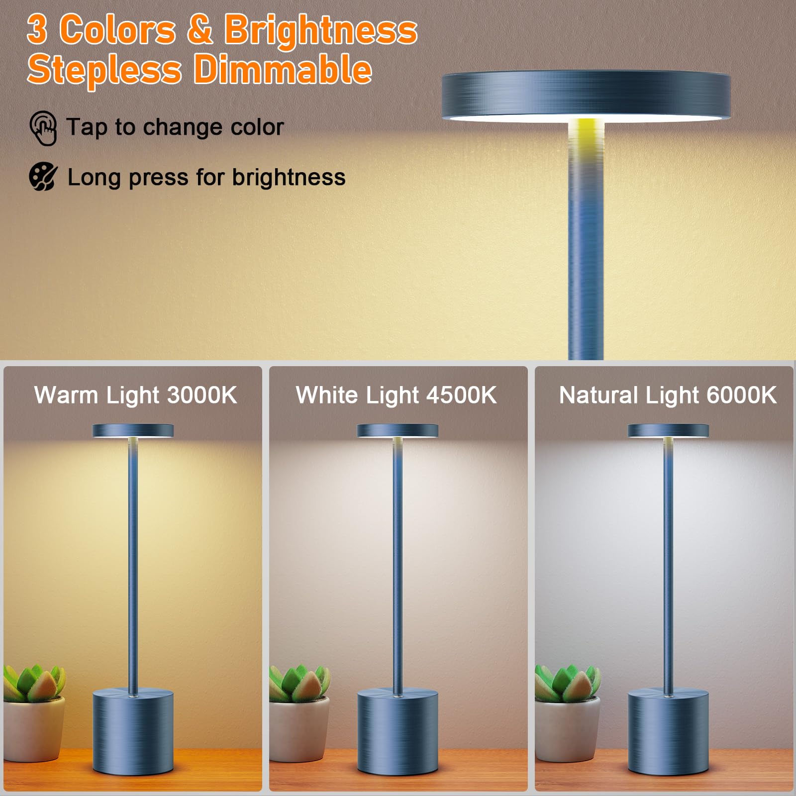 SAKRINGT Cordless Table Lamps, 6000mAh Rechargeable LED Light, 2 Pack Blue, Aluminum, Model S801