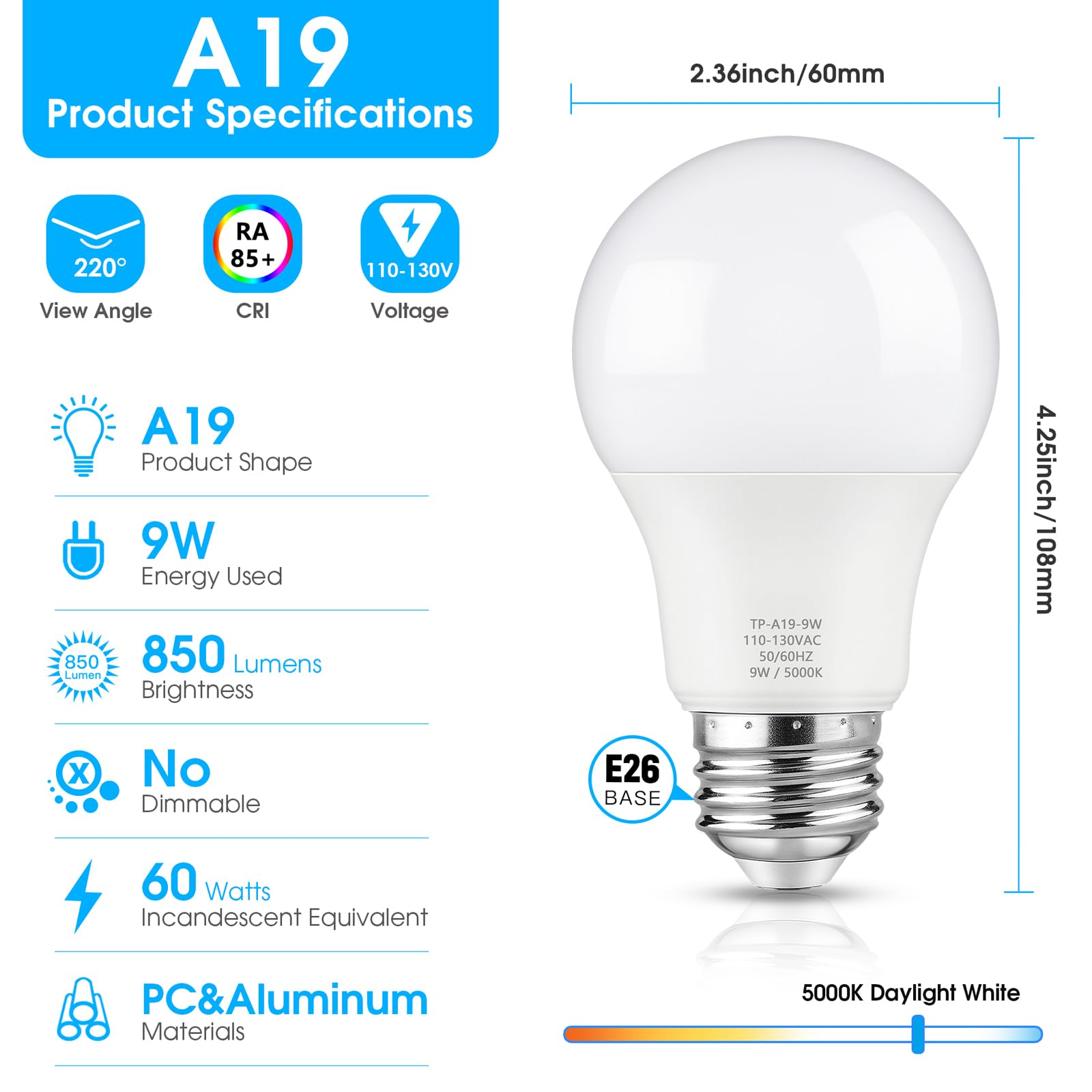 Maylaywood A19 Led Light Bulb, 60 Watt Equivalent, 5000K Daylight White, 850Lm, E26 Base, Non-Dimmable, 9W Bright White, 21-Pack