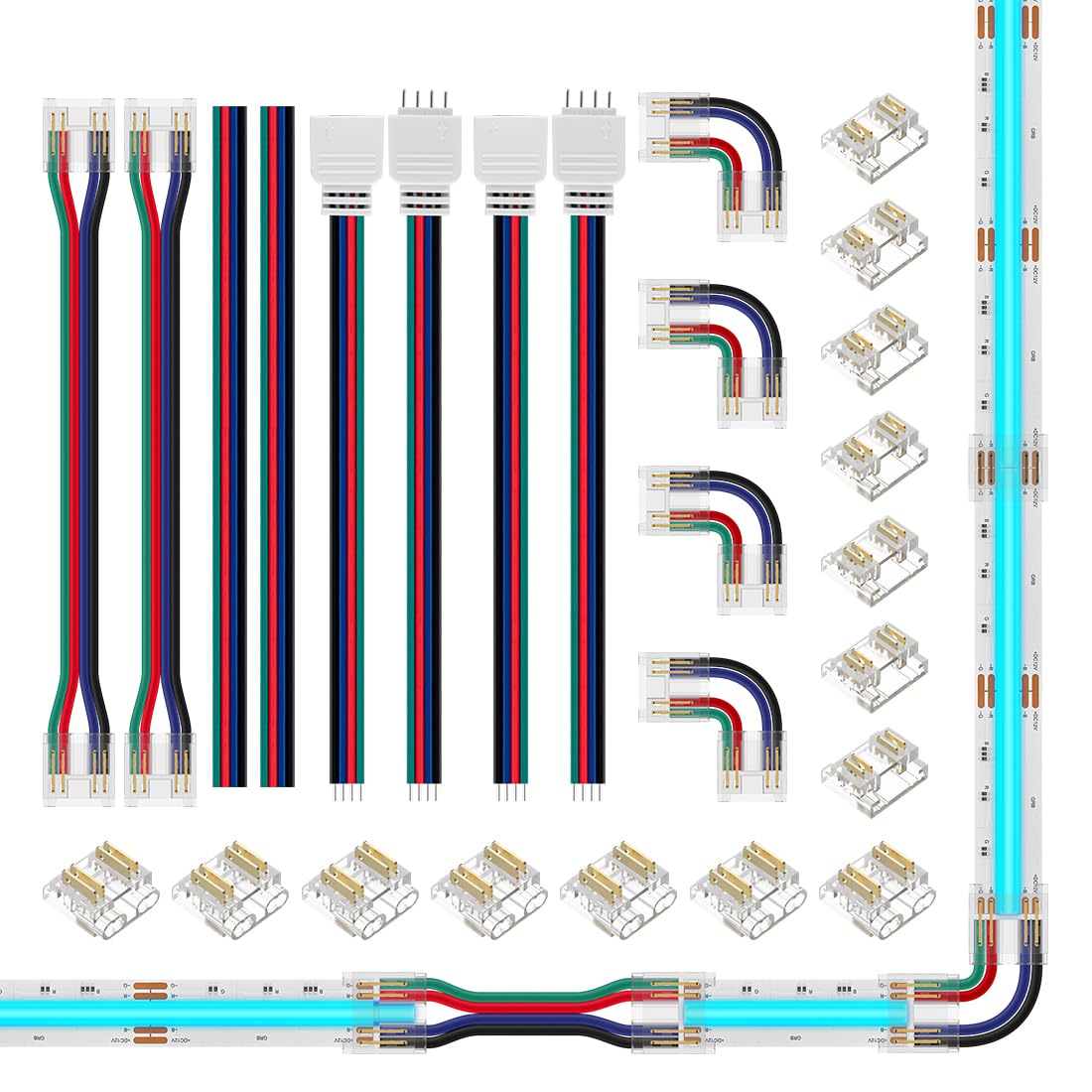 BTF-LIGHTING FCOB 10MM 4-PIN Connector Kit for RGB LED Strips, L-Shaped, Dual-End, Gapless, 22AWG, Multicolor