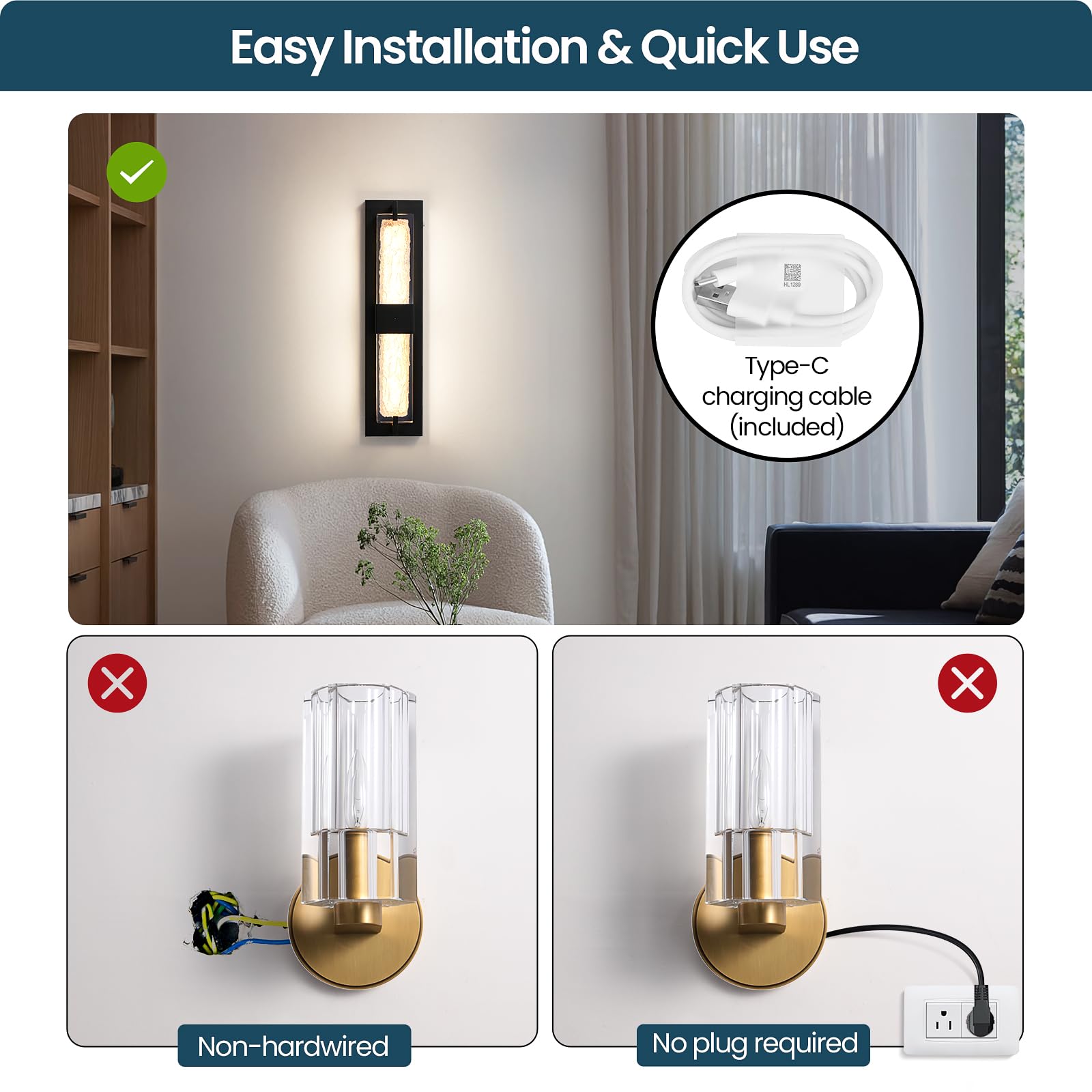 WOSHITU Battery Operated Wall Sconce - Dimmable LED Black Resin Light, 19 Inch, Wireless Rechargeable, Modern Design for Home