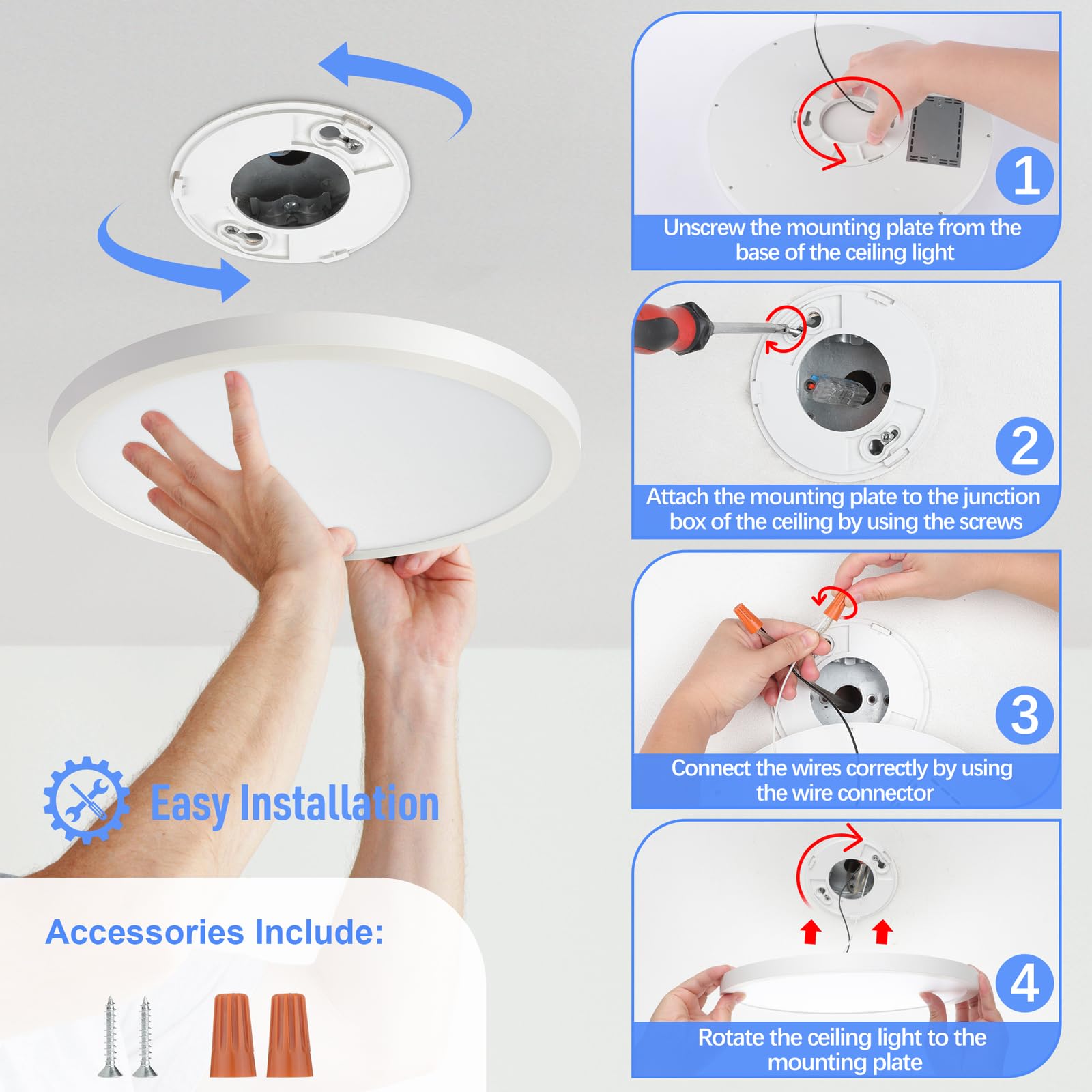 Sunrider 4-Pack Led Flush Mount Ceiling Light Fixture, 5000K Daylight White, 2400Lm, 12 Inch 24W Round Flat Recessed Lamp, 240W