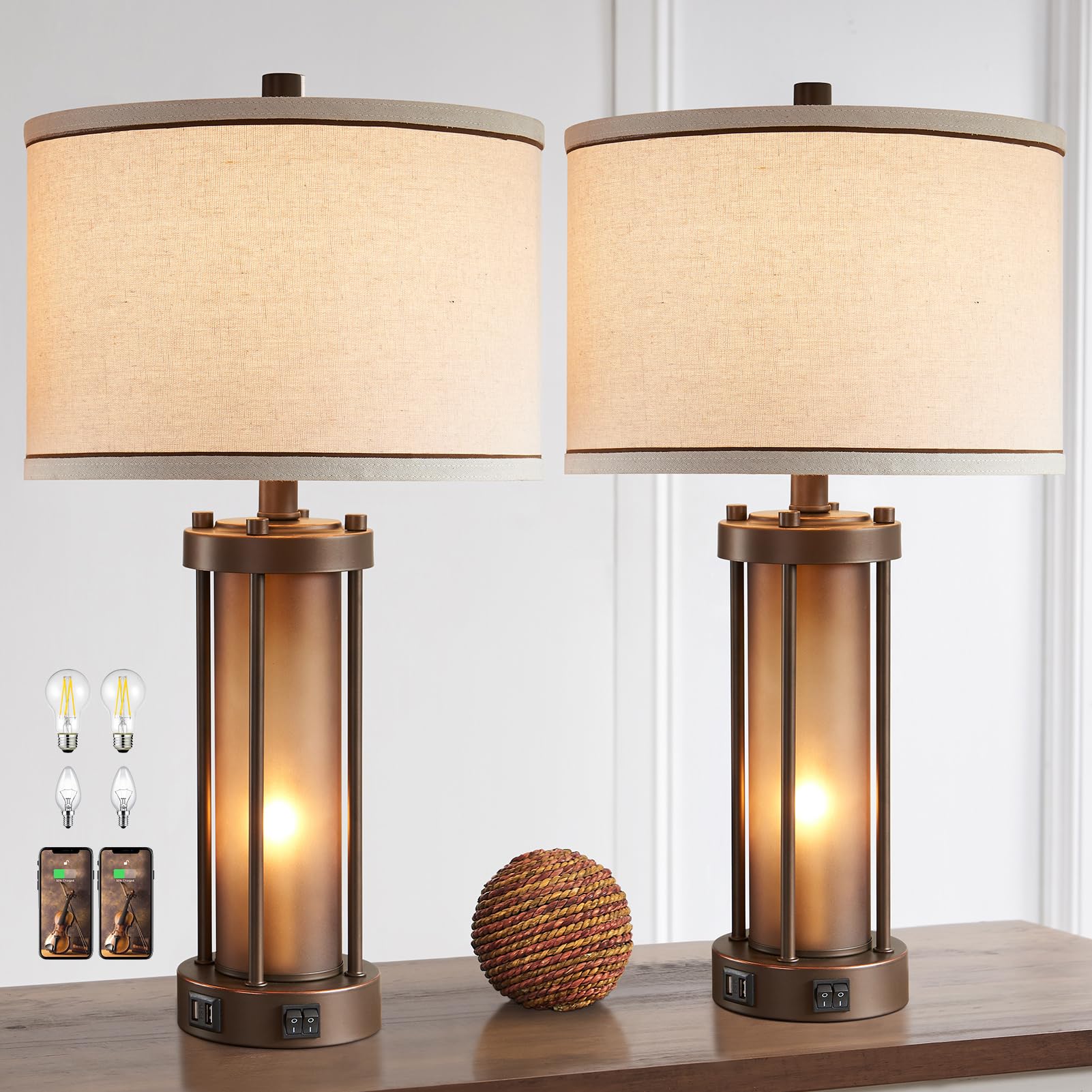 Set of 2 Farmhouse Table Lamps for Living Room with 2 USB Charging Ports, Vintage Rustic Nightstand Lamps with Amber Glass Night