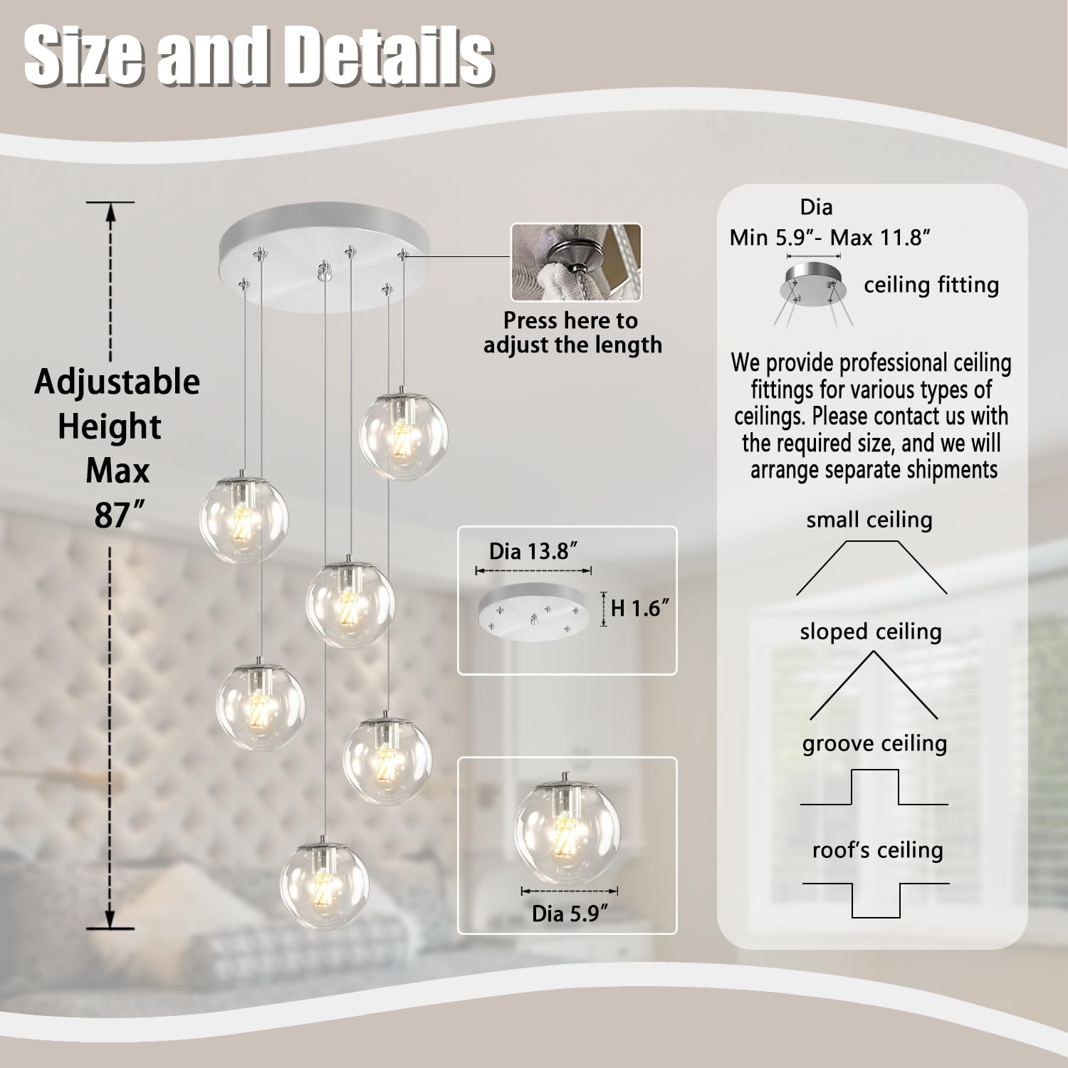 ykolupty Silver 6-Light LED Chandelier - Clear Glass Balls, Dimmable Pendant Lights for High Ceilings, Modern Entryway Lighting