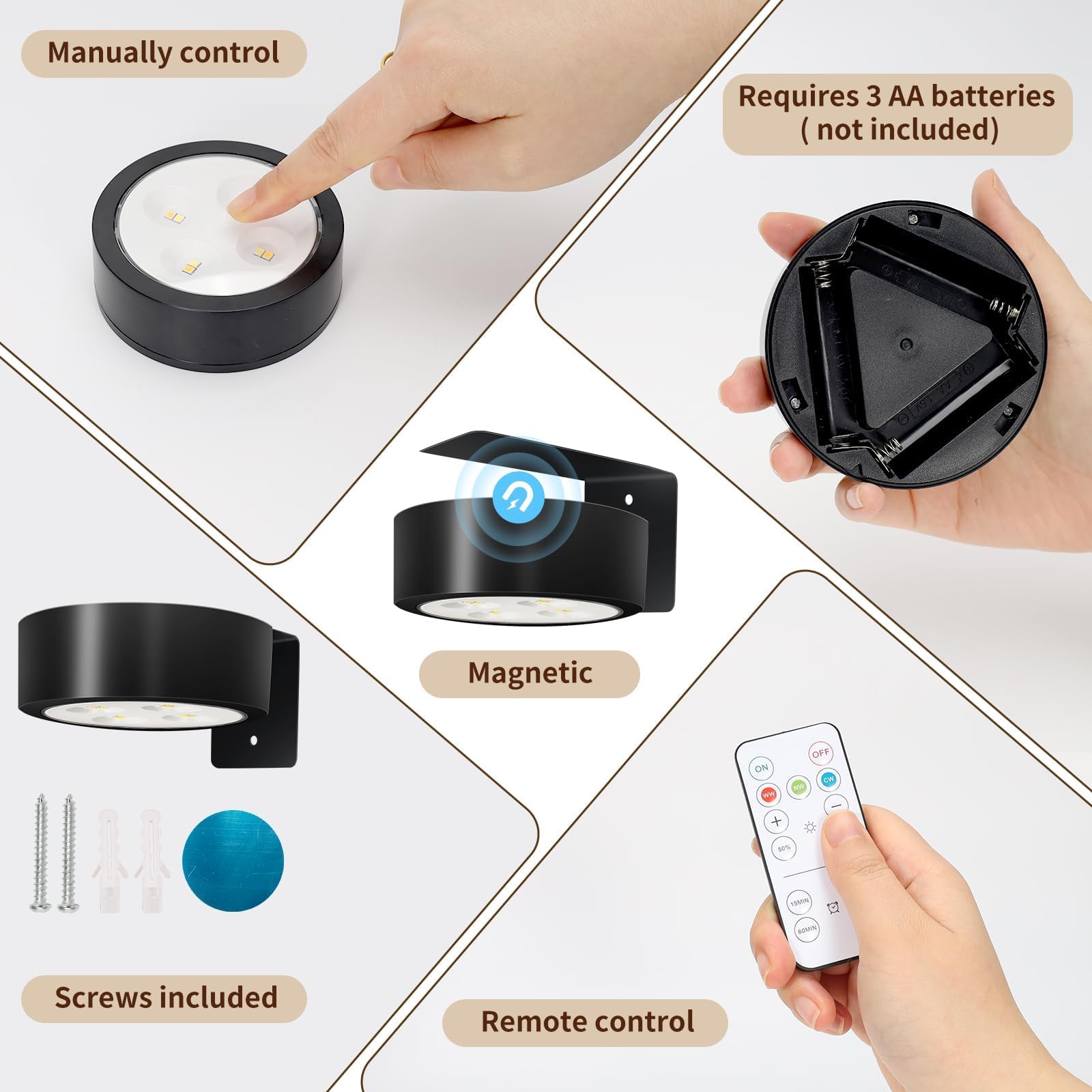 Ttq 4Pcs Magnetic Picture Lights Batteries Operated Painting Light With Telecontrol And Dimmable Timer,Black Art Display Light Wireless Walls Decor Puck Lights For Picture Frame Artworking Portraits