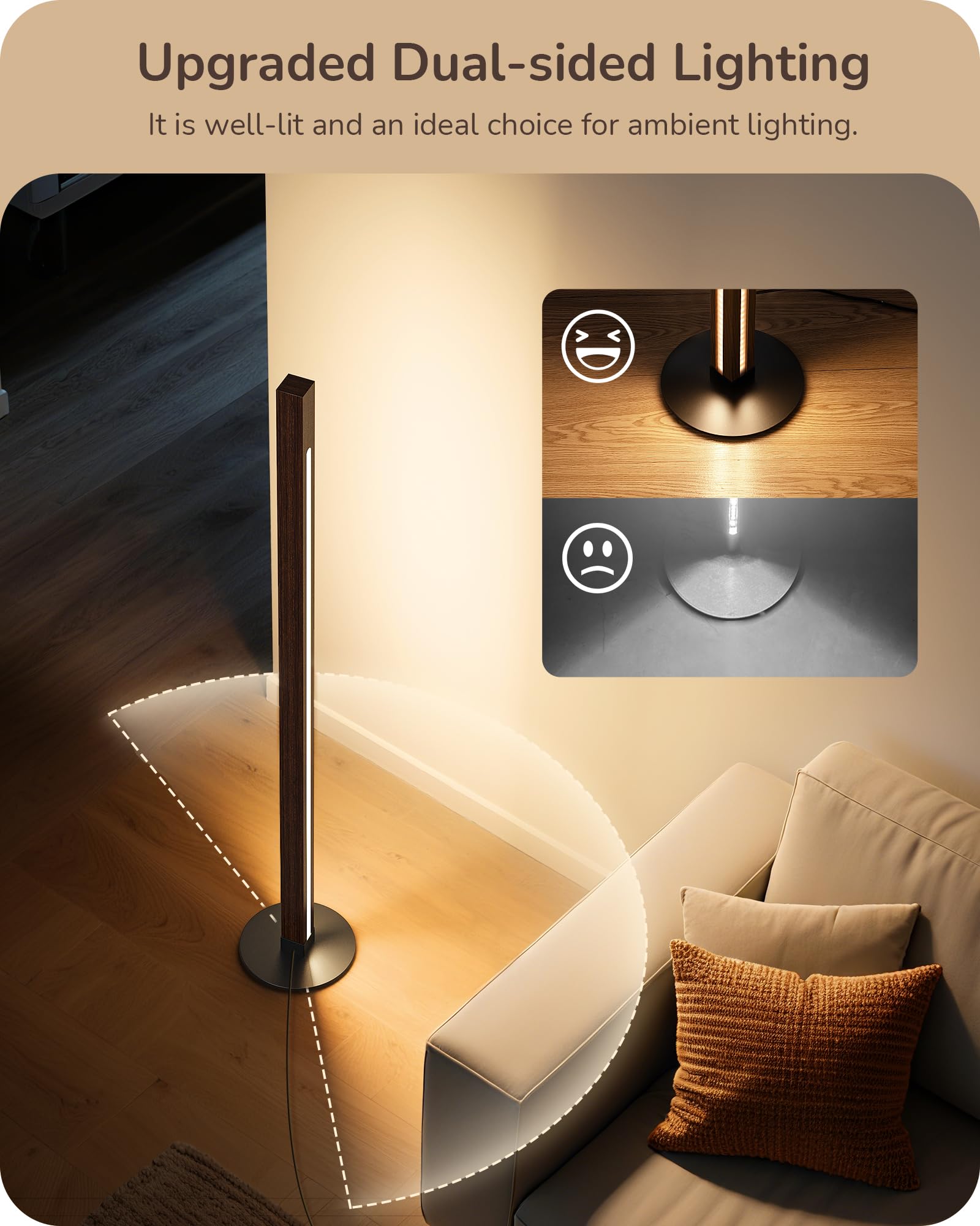 EDISHINE Wooden Corner Floor Lamp, Upgraded Dual-Sided LED Lighting, Dimmable, Remote/Foot Control, Dark Walnut, Model HLFL12B