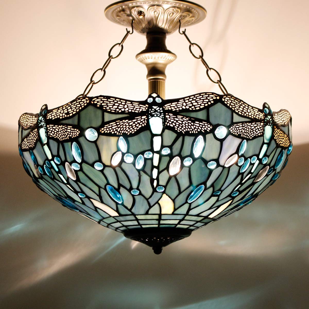 WERFACTORY Tiffany Ceiling Light Fixture, Sea Blue Glass, 16in Wide, 15in Height, Dragonfly S147 Series, Semi Flush Mount Lamp