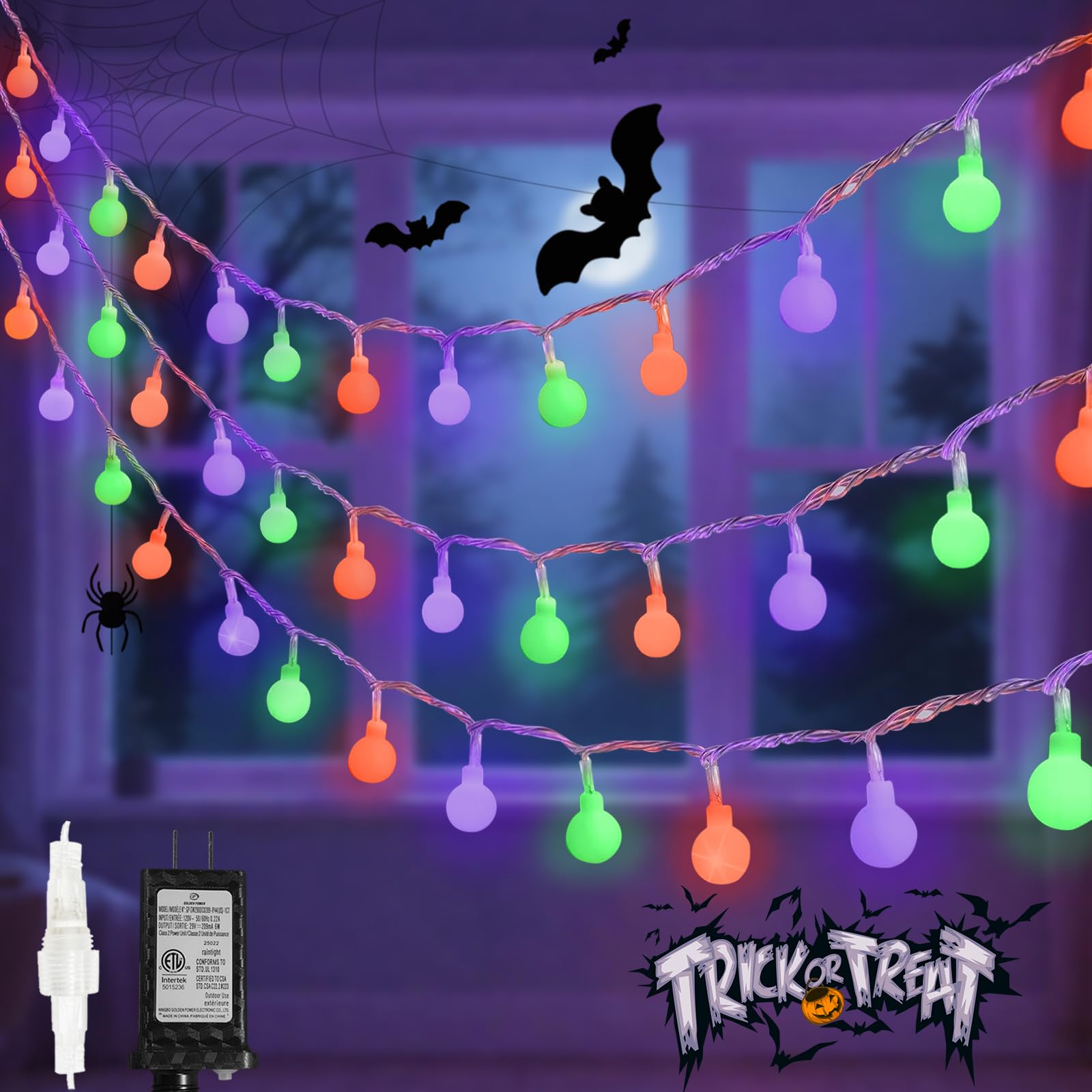 LORRYTE 100 LED Connectable Globe String Lights - 43FT, Waterproof, Timer, 13 Modes, Orange Purple Green, Halloween Indoor Outdoor Decor