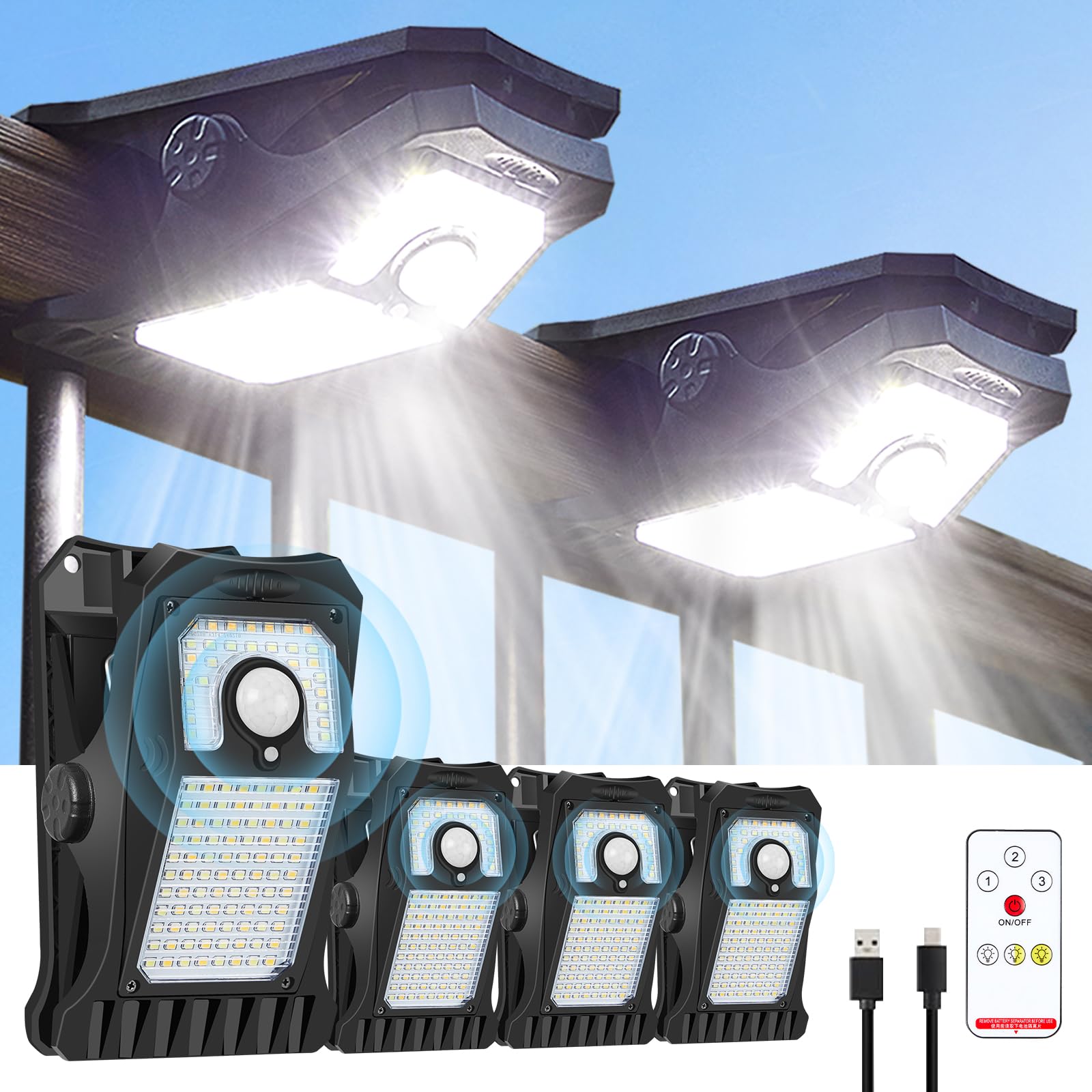4Pack Motion Sensor Lights Outdoor, 118LEDs 800Lumens Clip on Solar Powered Motion Lights Outdoor Waterproof, High Bright IP65 W