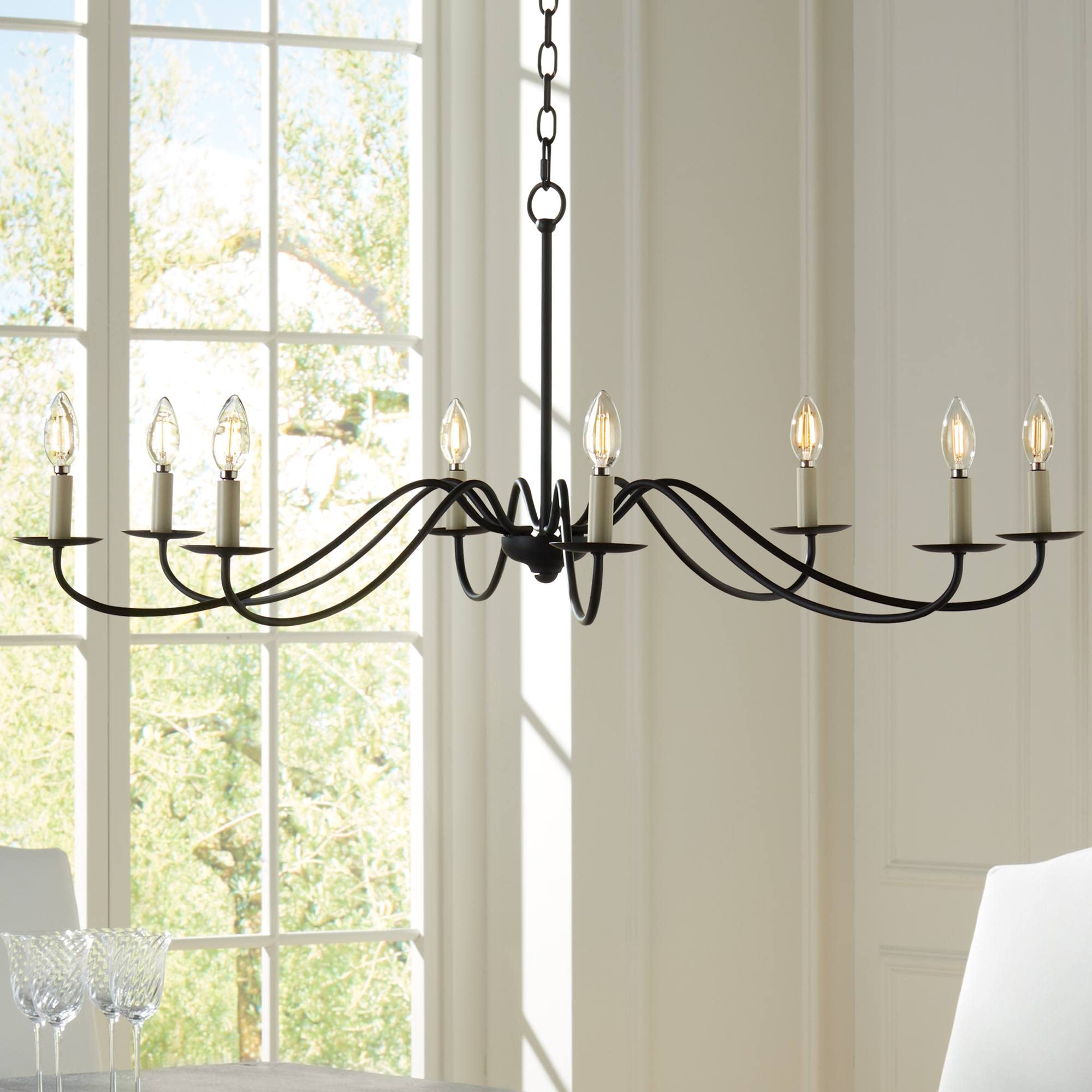Franklin Iron Works Marinec Black Hanging Chandelier Lighting 42'' Wide Farmhouse Rustic Bent Arms 8-Light Fixture for Dining Ro
