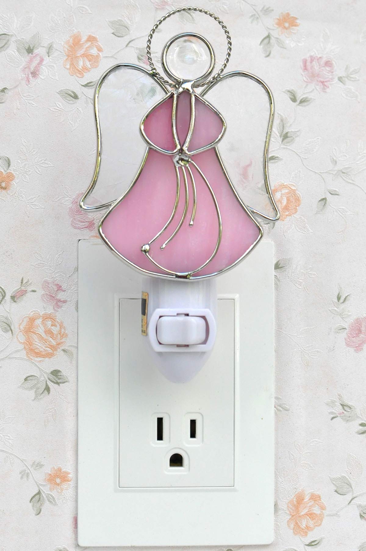 COOWIND Stained Glass Angel Night Light Wall Plug Decorative Accent Pink