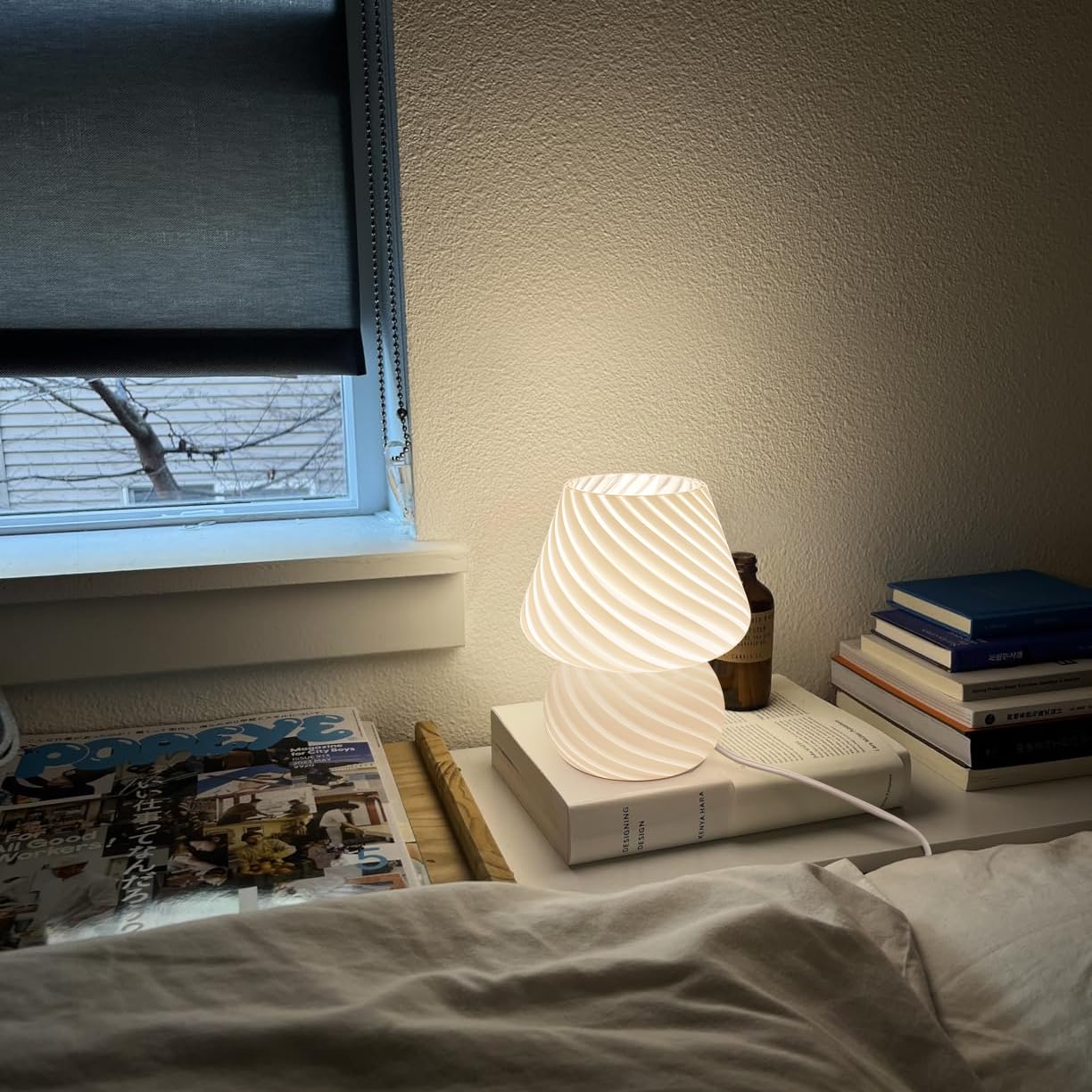 Onewish Mushroom Lamp-Small Bedside Table Lamp With Striped Glass, Nightstand Lamp For Bedroom, Living Room, 3000K E26 Bulb Incl