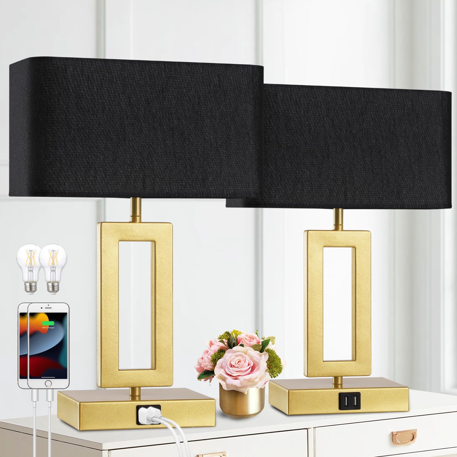 gernehop Black Table Lamps Set of 2 with Dual USB Ports,3-Way Dimmable Touch Control Bedside Lamps,Modern Bedroom Table Lamp for