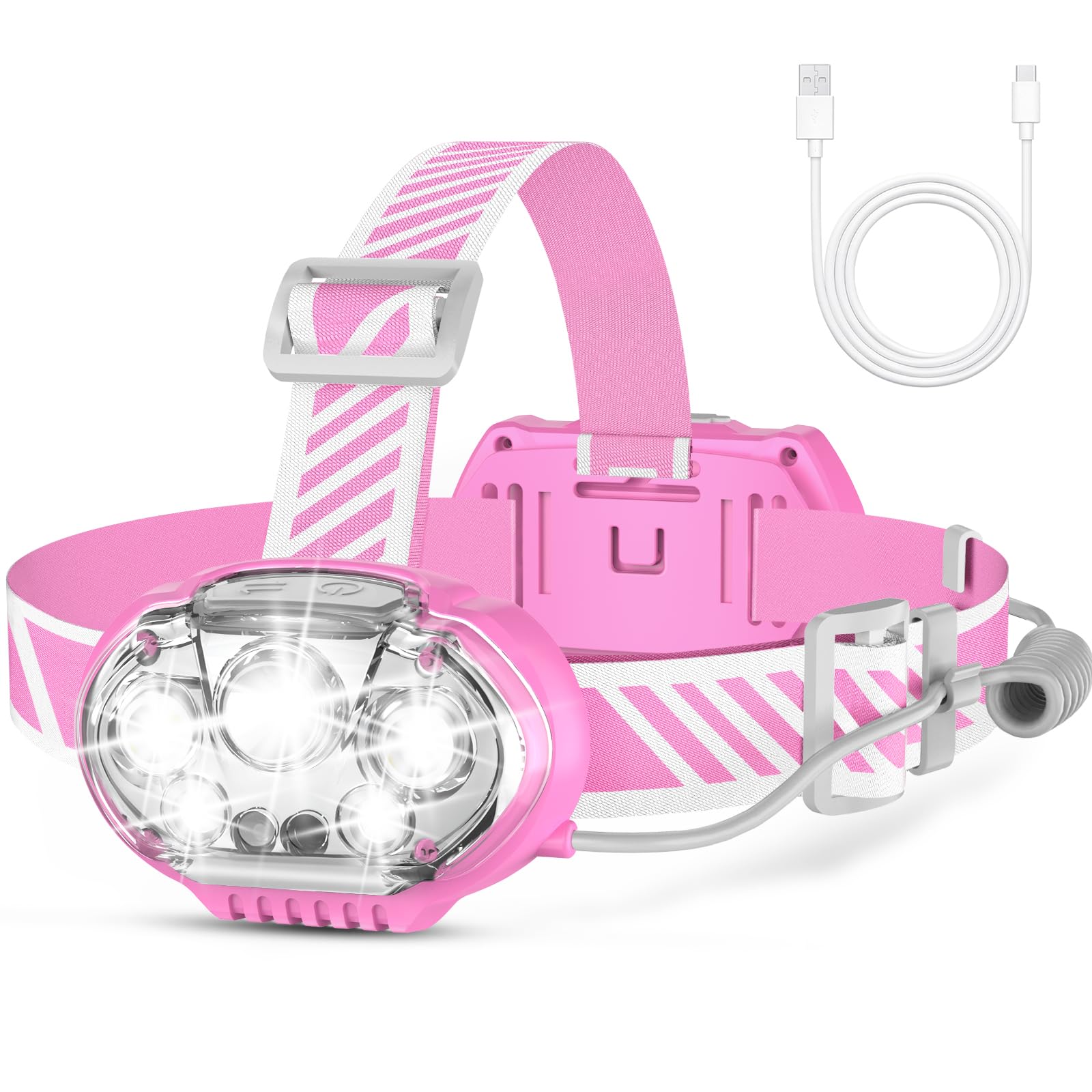 MIOISY Rechargeable Headlamp, 20000 Lumens, 8 Modes, IPX4 Waterproof, 1-Pack, Pink, Model HL-HL-C01