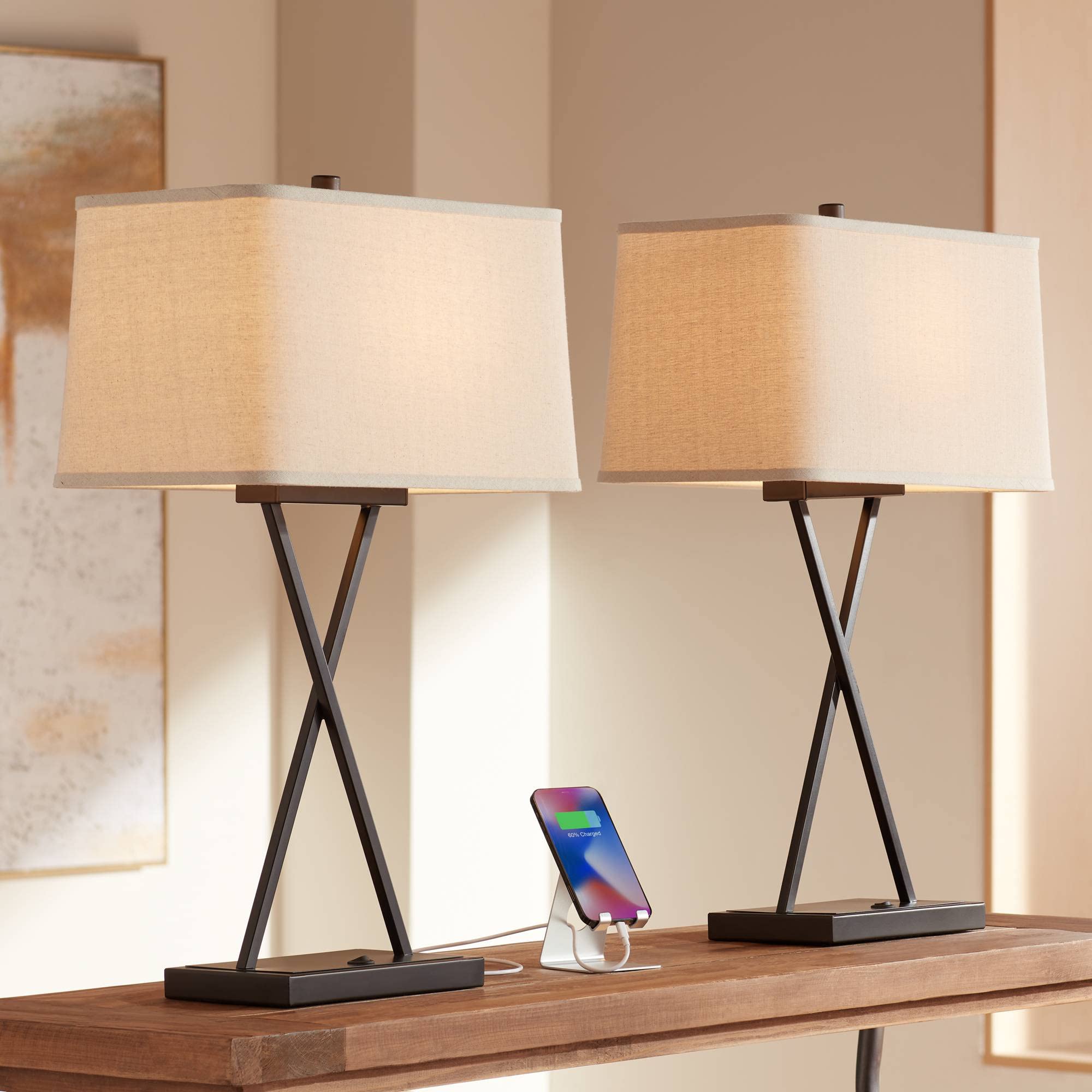 Franklin Iron Works Modern Table Lamps Set of 2, 26.5in High, Bronze Metal with Fabric Shade, USB Charging Port, Living Room Bedroom Nightstand