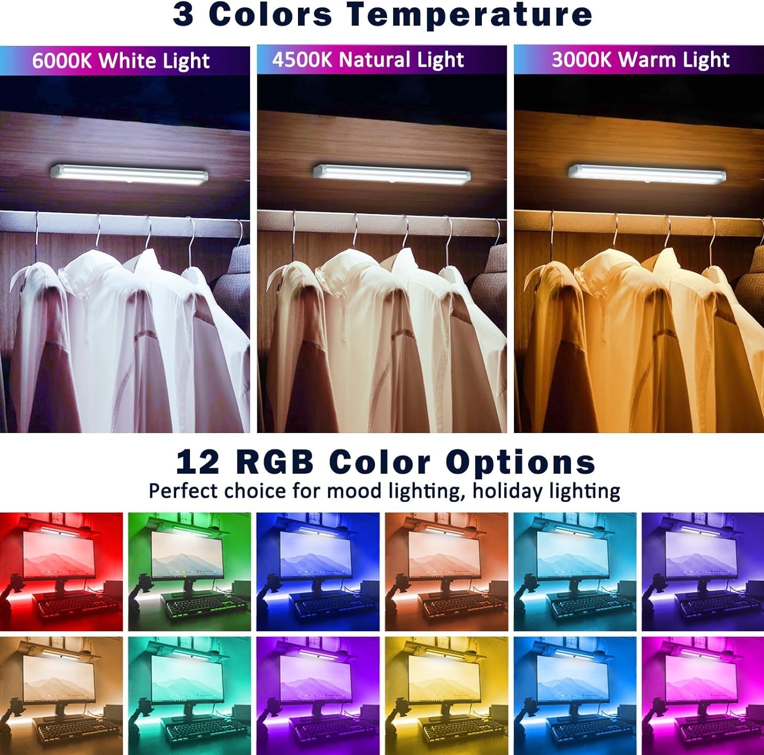 Haigvel Under Cabinet Lights Wireless, 58-Led Rechargeable Motion Sensor Closet Lights With Remote Control, Rgb Color Changing U