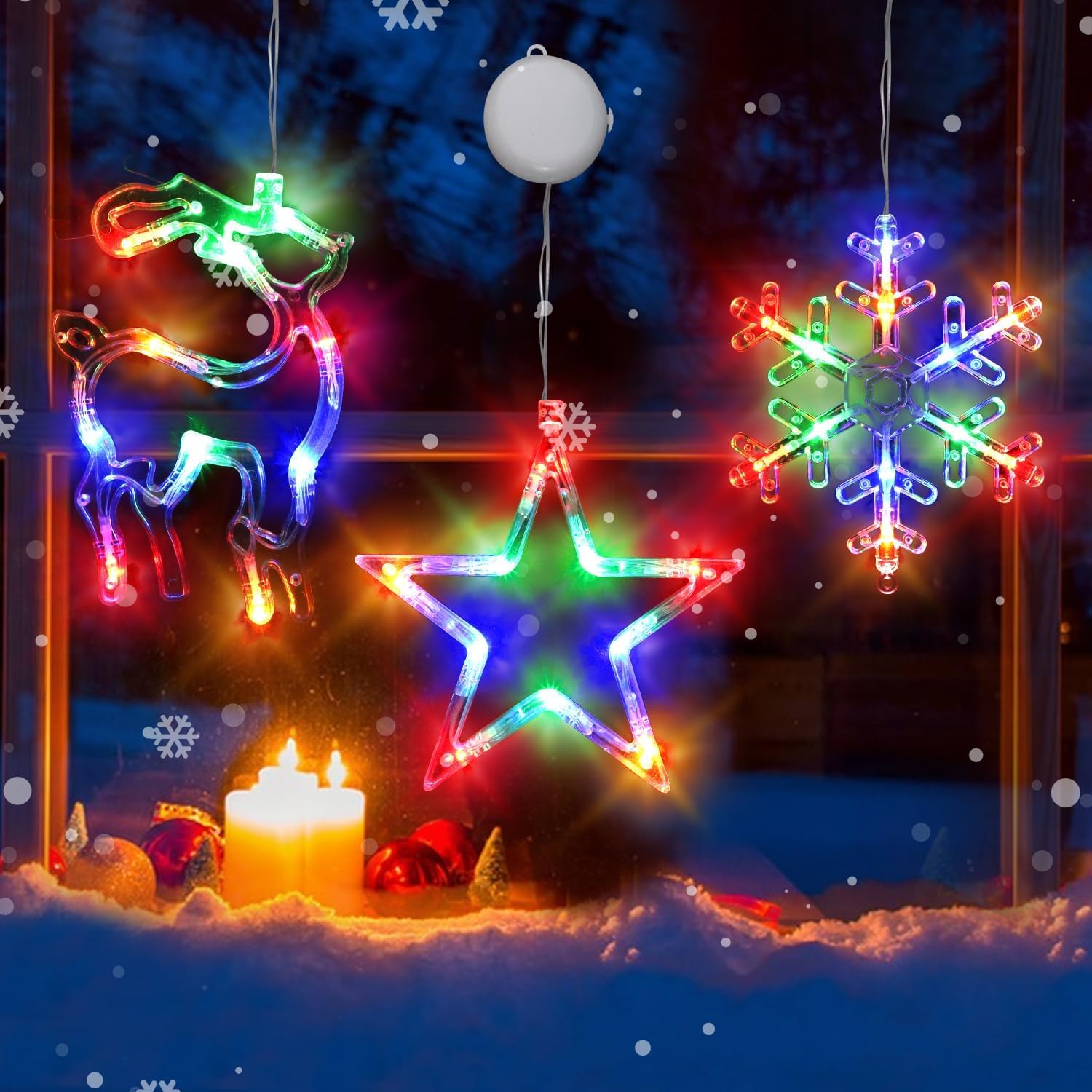MUYUN Christmas Decorations 3PCS Christmas Window Lights Star&Deer&Snowflake Battery Operated Indoor String Lights with Suction Cup for Christmas Window Decorations Fireplace New Year