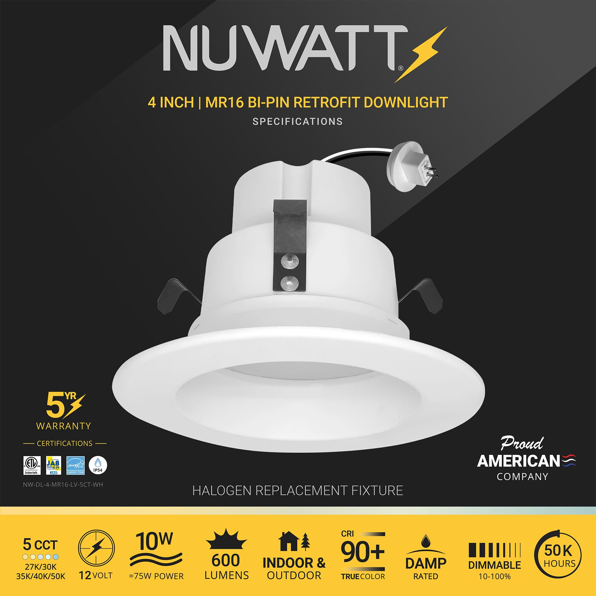 NUWATT 12 Pack 4 Inch MR16 LED Recessed Lighting, 5CCT Dimmable 10W, GU5.3 12V, White, 600LM