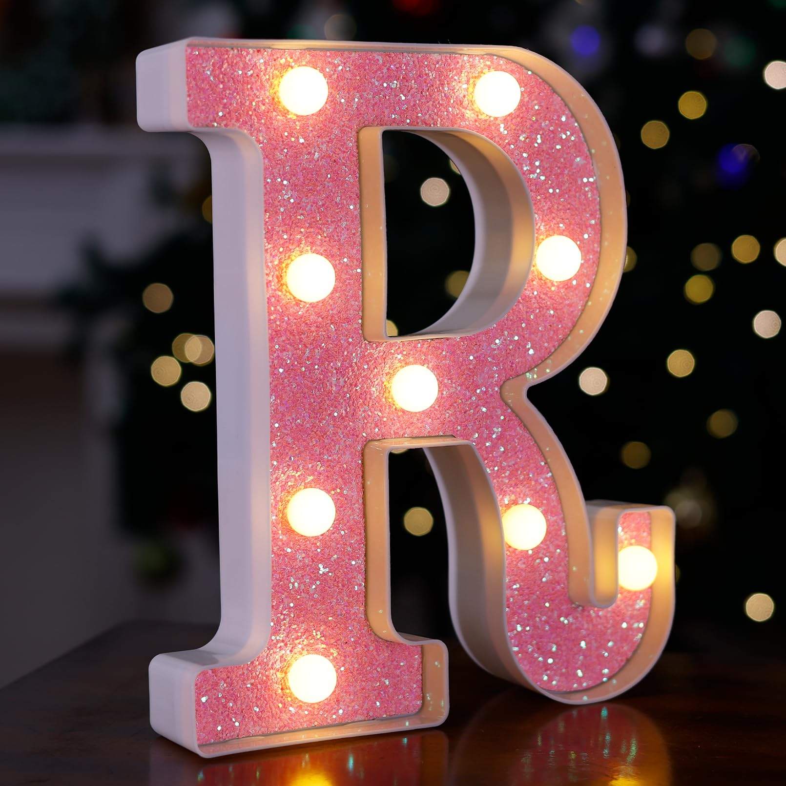 TRONSBOO LED Letter Lights Marquee Sign Pink Glitter 6.54inx8.58in Battery Powered Plastic Model Pink-Light-R