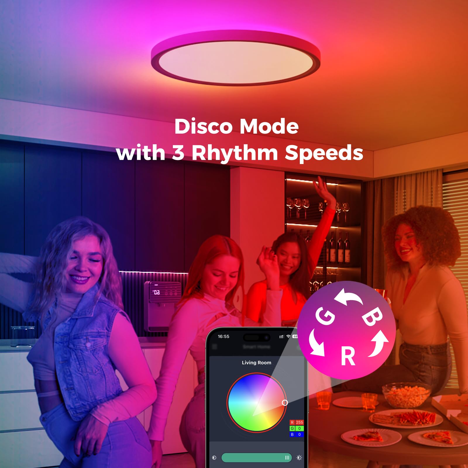 Aphyni Smart Ceiling Led Lights - 15.8 Inch, 36W 3600Lm Round Rgb Flush Mount Ceiling Light For Bedroom & Kids Room - Ce/Erp