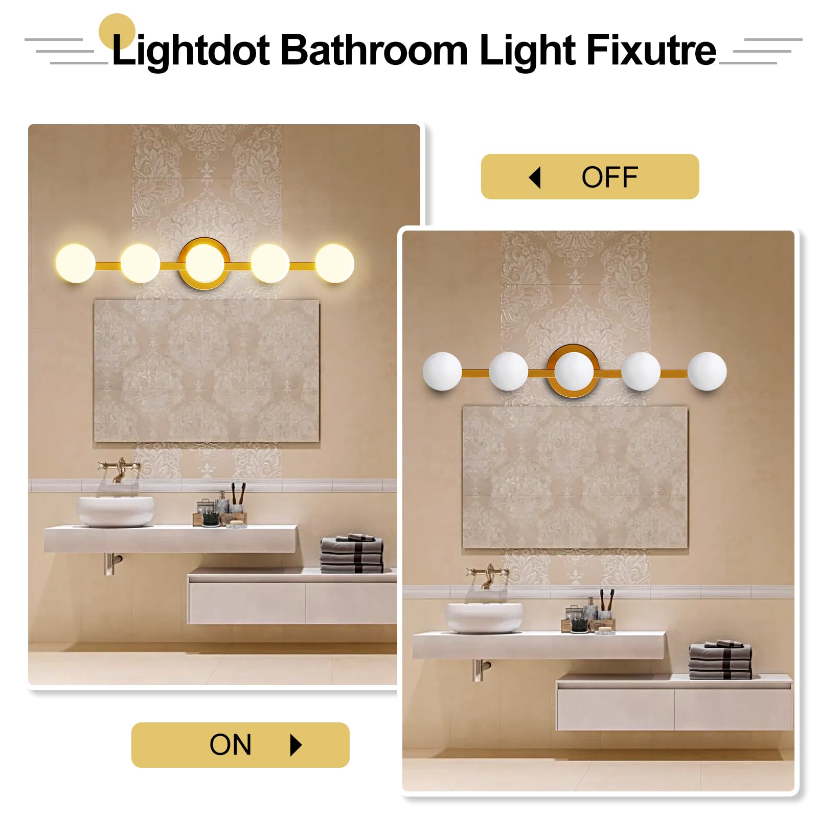 Lightdot 31'' 5-Light Modern Bathroom Vanity Light | Matte Gold Straight Frame With White Globe Water/Shatterproof Shades | Dimm
