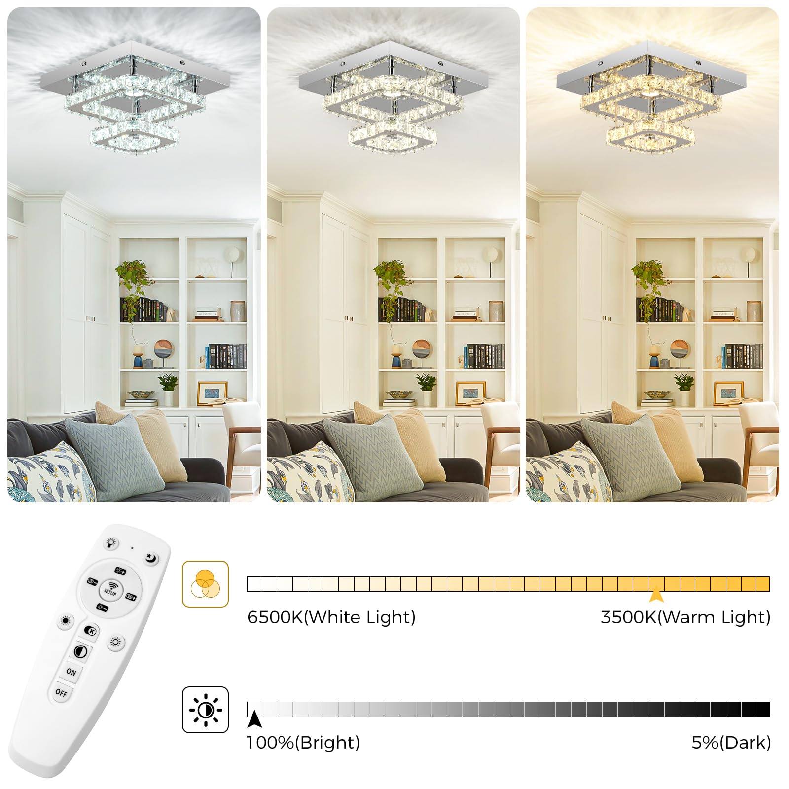 Rheafon Dimmable Crystal Chandelier With Remote Control, 2-Layer Flush Mount Ceiling Light For Bedroom, Kitchen, Hallway & Stair