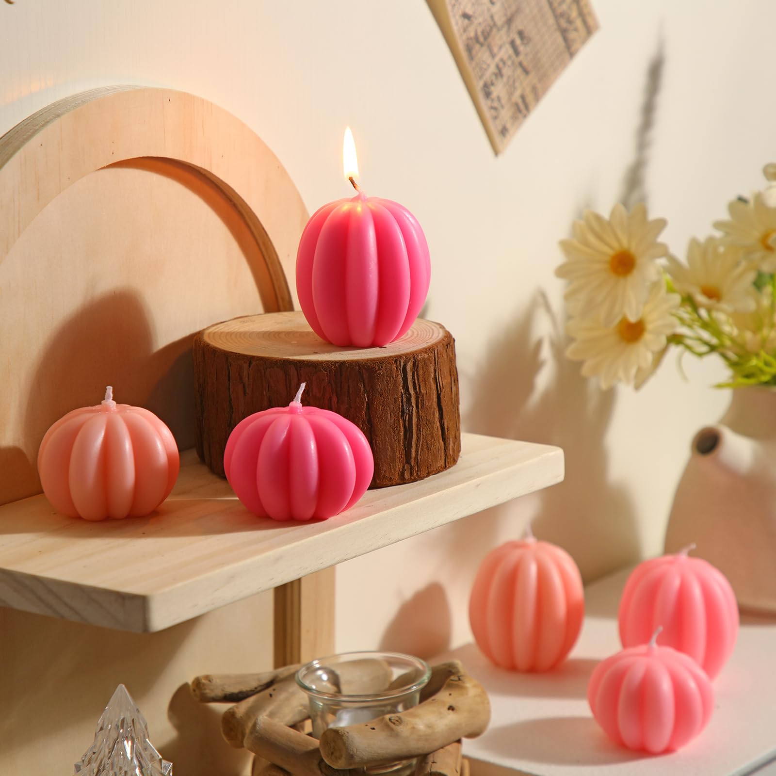 Mtlee 6 Pieces Thanksgiving Pumpkin Shaped Soy Candles Scented Candles Fall Pumpkin Tealight Candles Home Decor Pumpkin Candle Handmade Wax Candle For Bedroom Bathroom Party (Pink,Pumpkin)