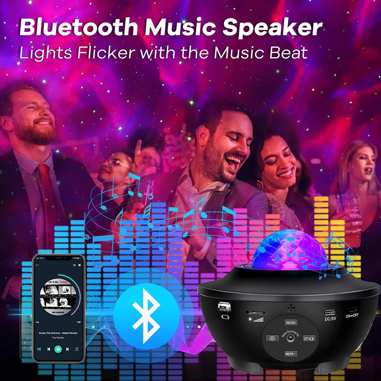 Sunbox Galaxy Projector Night Light with Remote, 15 White Noise Sounds, Music Speaker, Black, Model BL-XK01