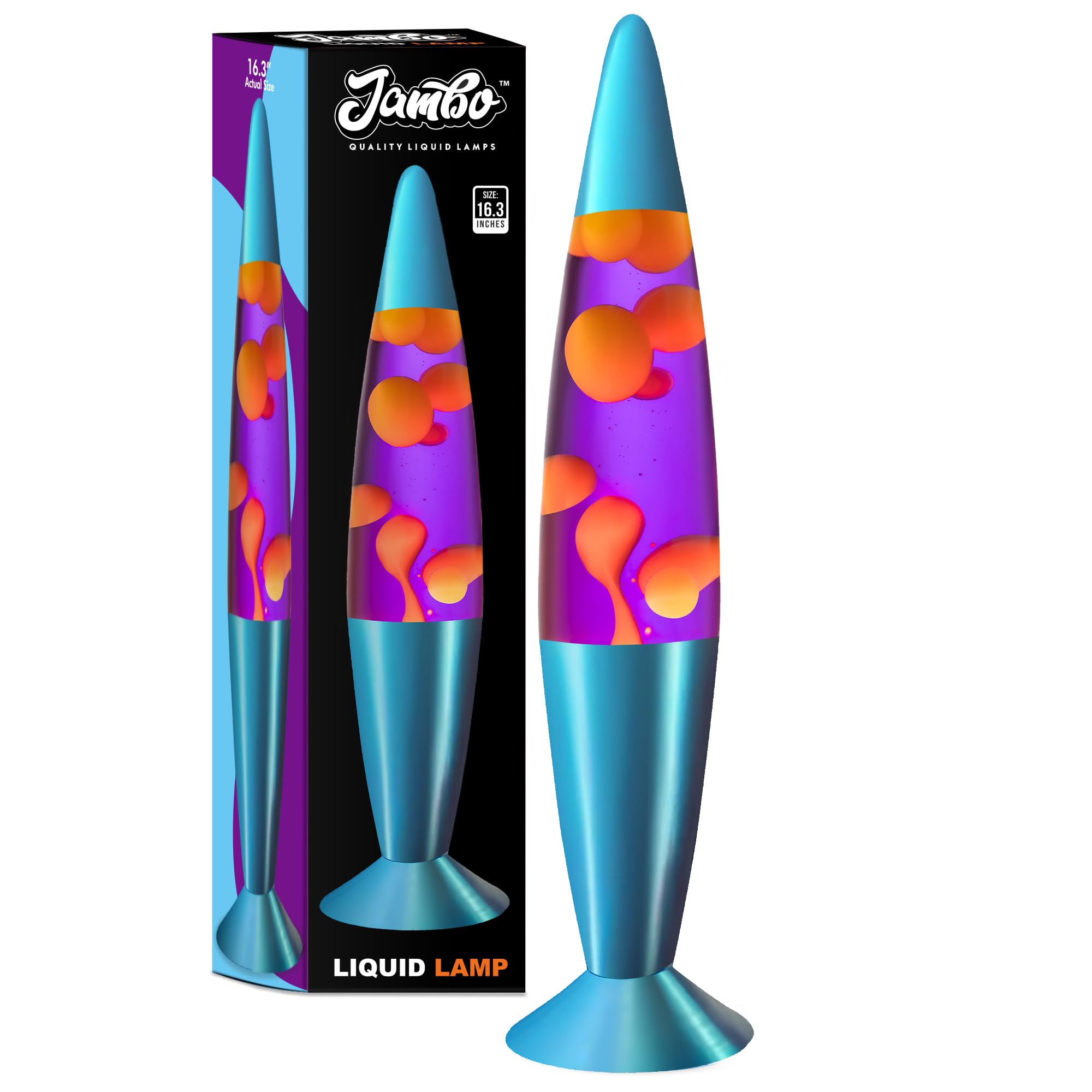 Jambo Liquid Motion Lamp - 16in Glass Lamp, Blue Base, Purple Liquid, Yellow Wax
