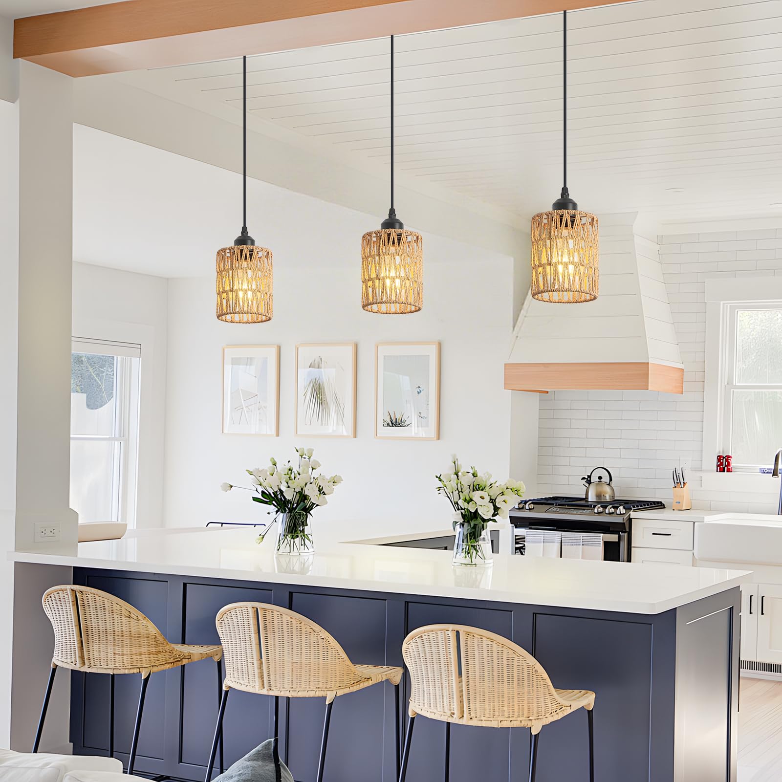 OTeedo Rattan Chandelier Pendant Lights Kitchen Island,Farmhouse Boho Chandeliers Adjustable Height Hanging lamp for Dining Room