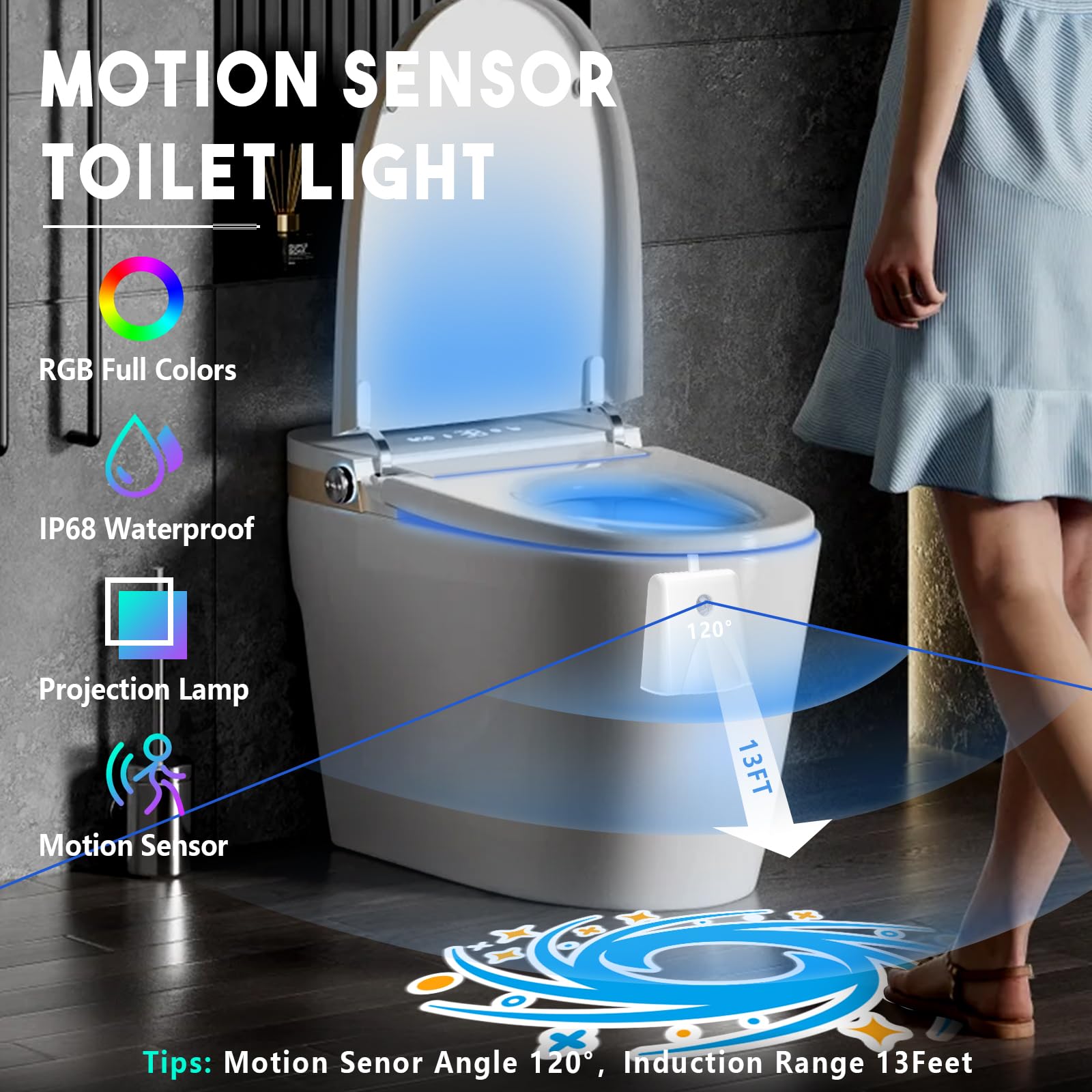 LAVAED LED Toilet Light - Motion Sensor, 16 Color Changing, Rechargeable, Waterproof, 1 Pack, Acrylonitrile Butadiene Styrene