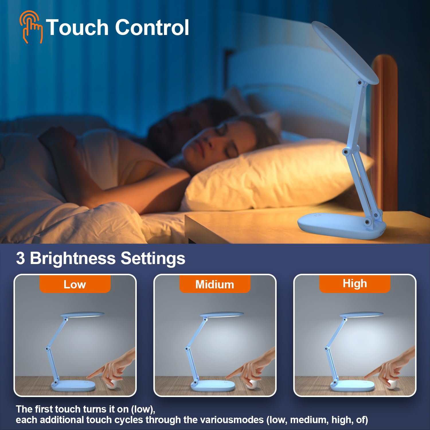 Akejrym LED Desk Lamp, Battery Operated, Foldable & Portable, 3 Brightness Levels, Blue, Model A888