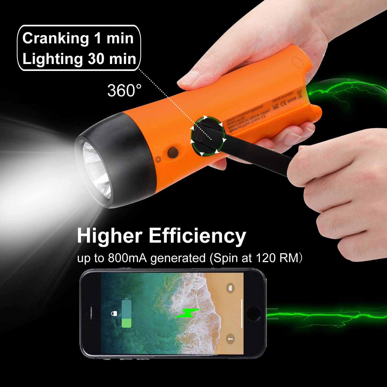 Vfan Rechargeable Hand Crank Flashlight/Generator/Usb Charger For Phone And Emergency Survival Situations (Orange)