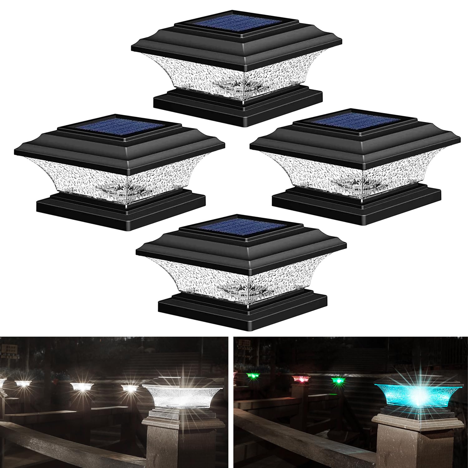 HUYIENO Solar Post Cap Lights - Outdoor LED Deck Fence Cap Light, 9 Light Modes, Bright White/7 Color Fixed & Cycling Modes, Sui