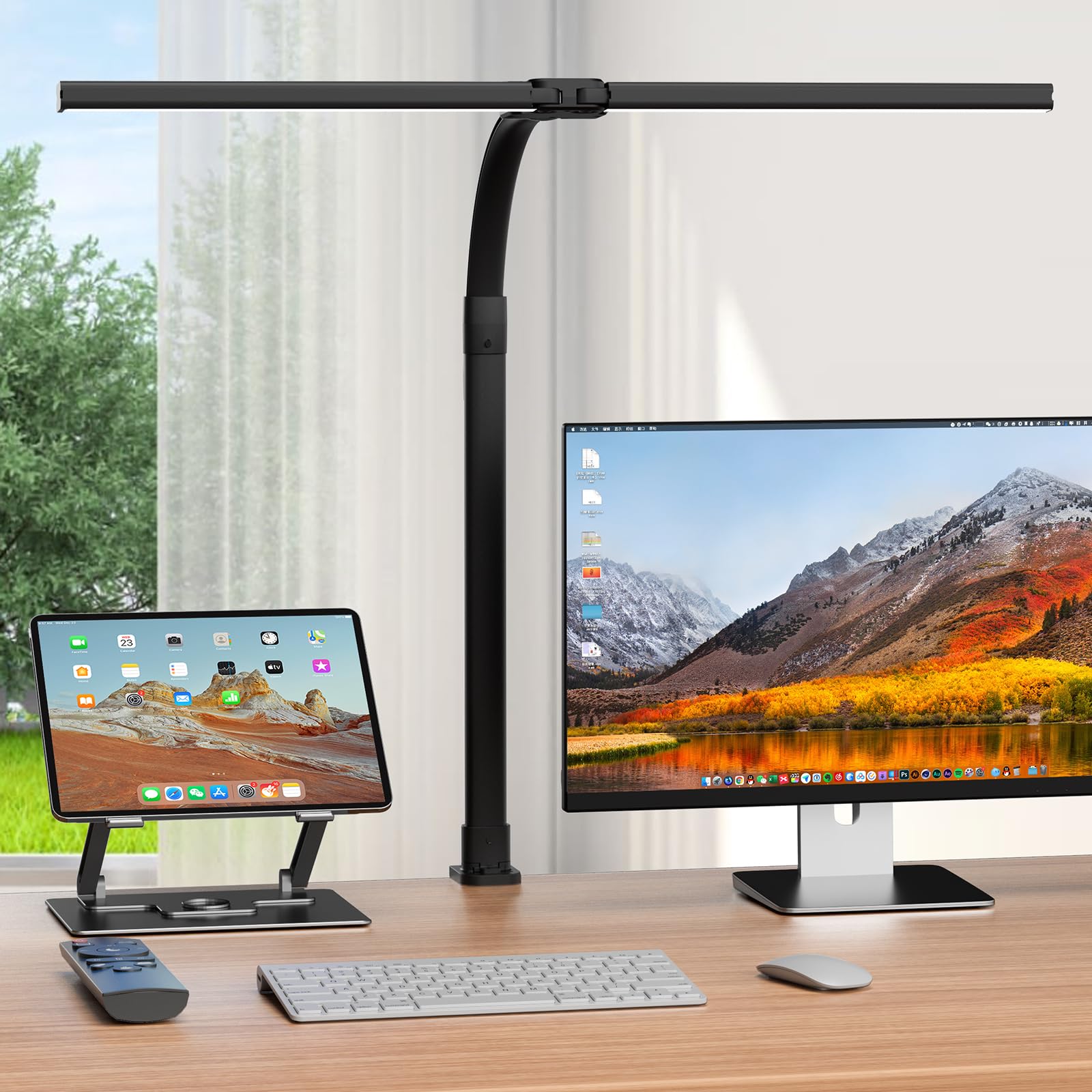 APMIEK LED Desk Lamp for Home Office - 24W Computer Lamp with Remote Control, Dual Head Desk Light Bar with Clamp, 5 Color & Bri