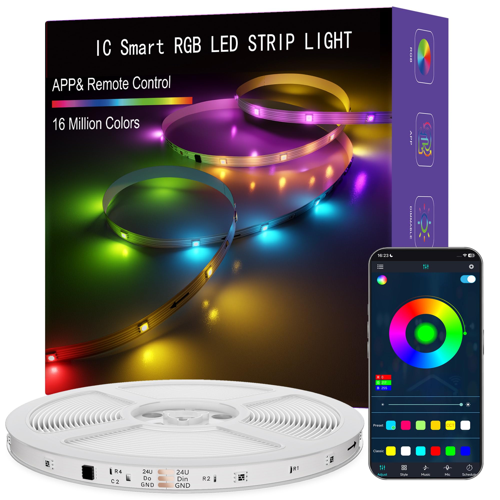 ERBTY IC Smart RGB LED Band Lights  50FT LED Lights for Bedroom  App Control/Remote Control  Music Sync  DIY Design  Rainbow Chasing Effects  Band Lights for Home  Party Decor