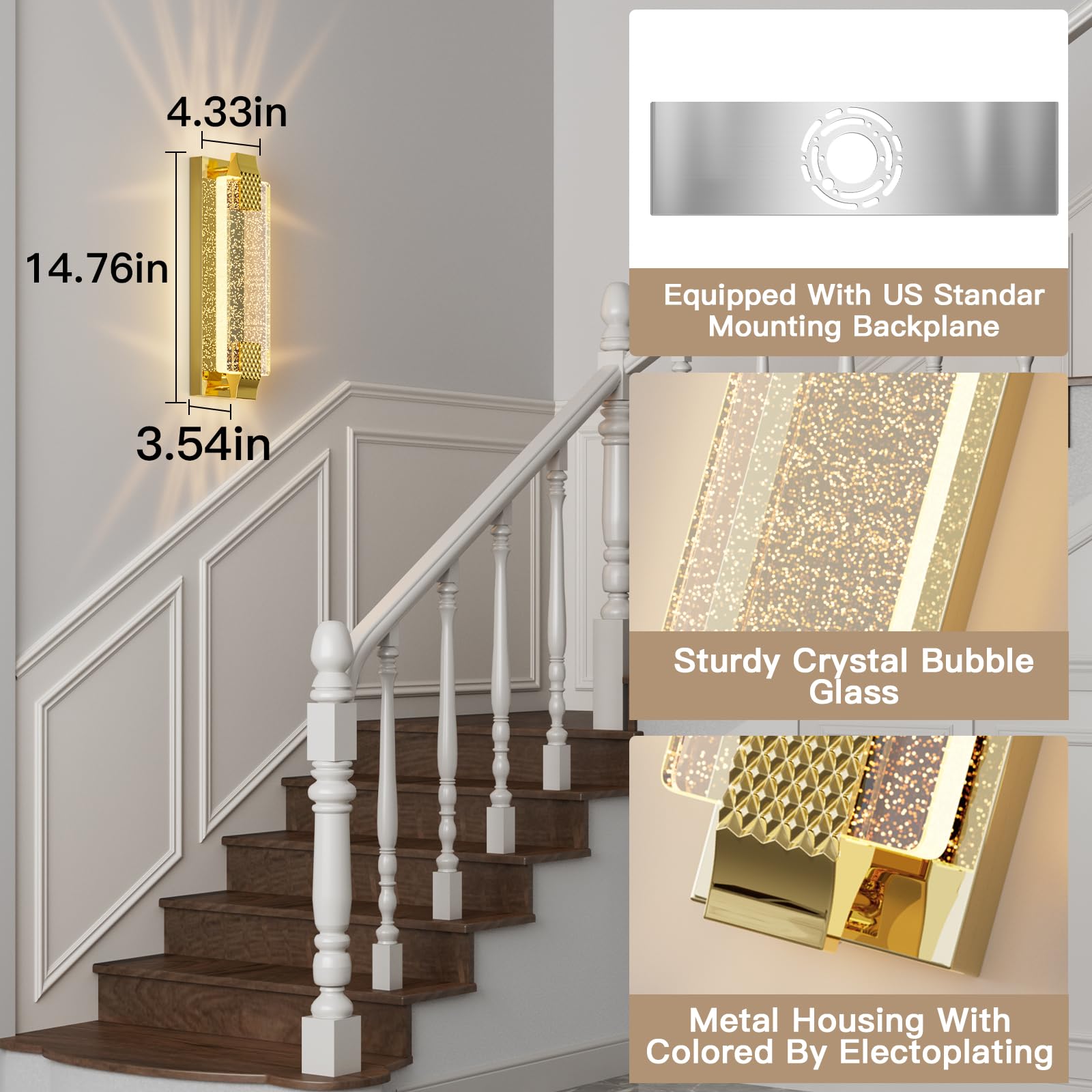 camuucci Rechargeable Battery Operated Wall Sconce, 15.2" Gold Glass Dimmable Light, Remote Control, Model SNCD, Indoor Use