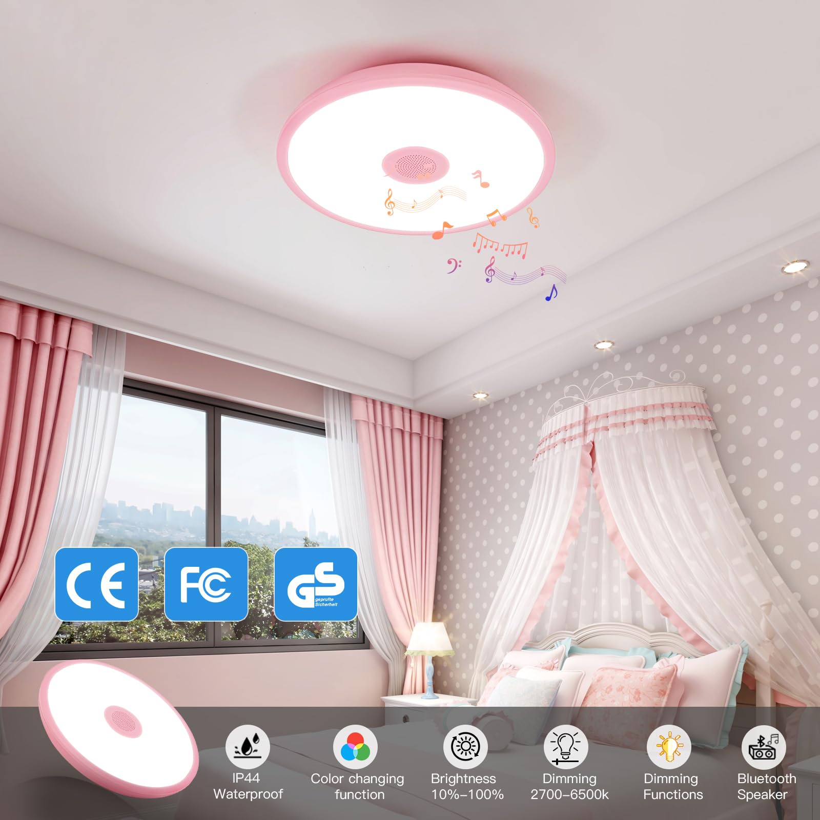 Asall Pink Waterproof Led Ceiling Light Fixture,Music Ceiling Lamp,With Bluetooth Speaker,11Inch 18W, 2700K-6500K Dimmable Rgb C