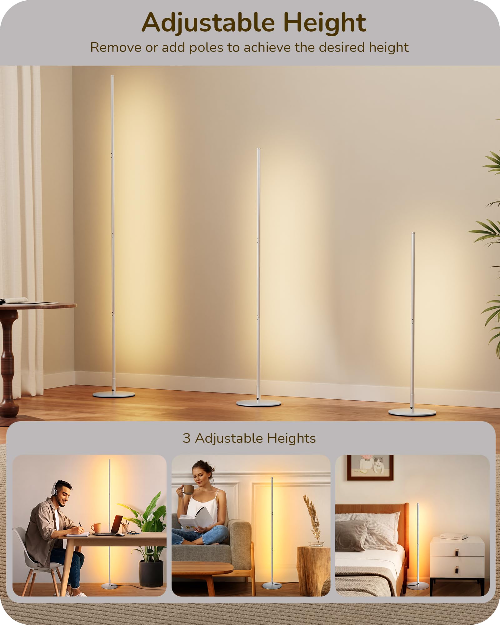 Edishine Led Floor Lamp, Set Of 2 Modern Minimalist Corner Lights, 57.5'' Adjustable Height - 7 Color Temperature 3000-6000K Dim
