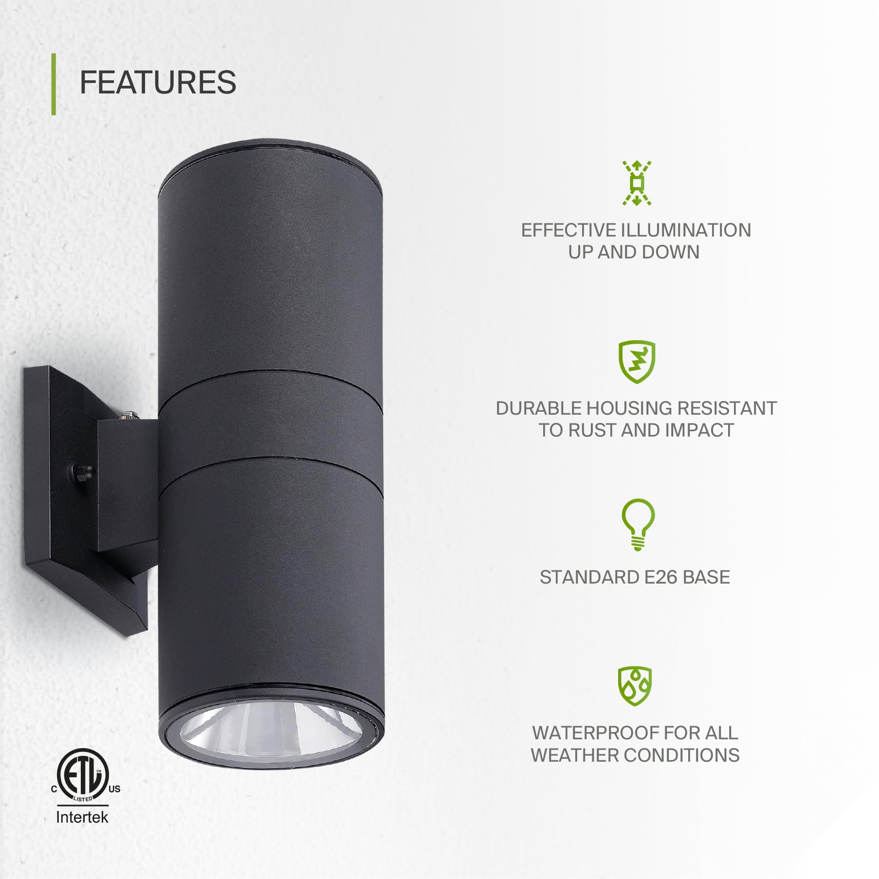 ASD Outdoor Wall Light Fixture | 2 Light Dusk to Dawn | 120W E26 Socket | Round Photocell | Black | Model A-OCLR-2A-PC-BK