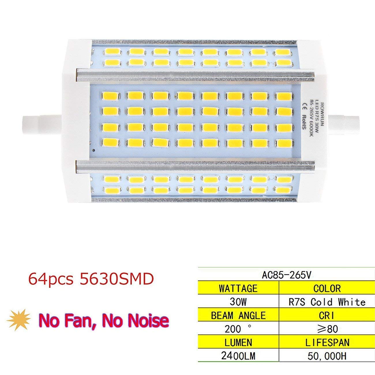 Rowrun 30W R7S J118 T3 Led Bulb Daylight White R7S Base 118Mm 300W Equivalent Double Ended Led Replacement For Halogen Workshop Lighting Bulb 6000K Non Dimmable (1)