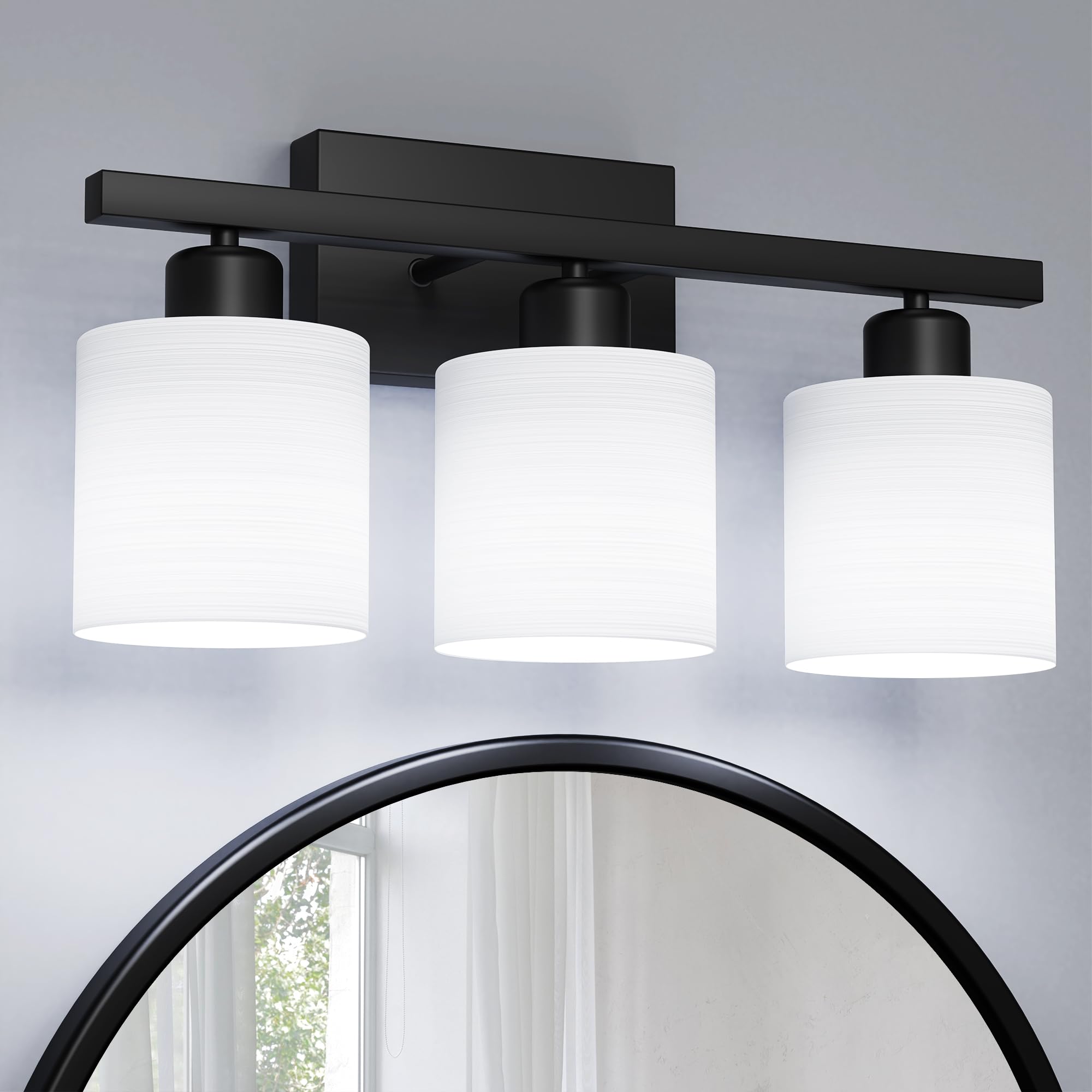 PARTPHONER Bathroom Light Fixtures, 3-Light Vanity Light, Matte Black, Stainless Steel with Textured White Glass Shade, Model PAWL177AS1