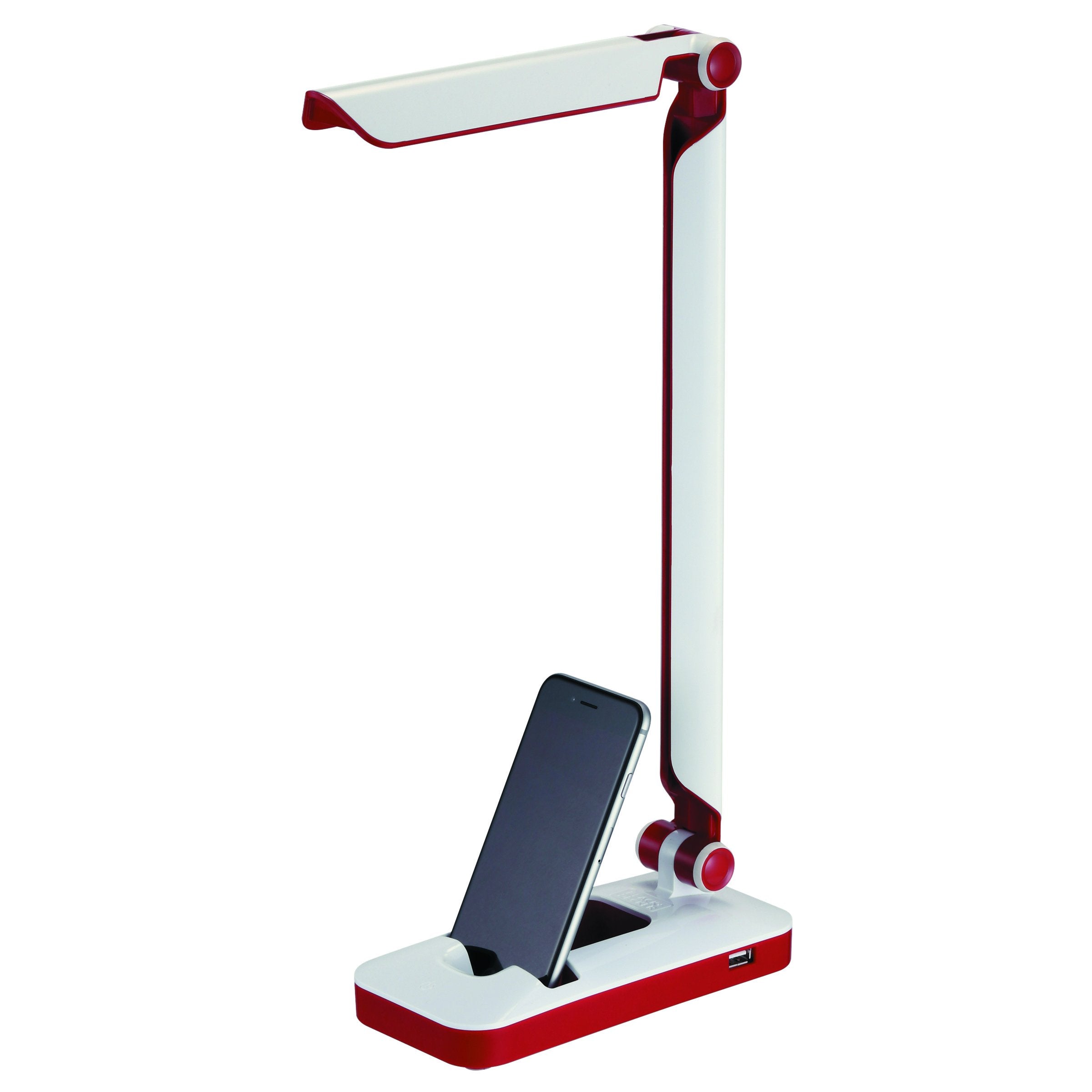 Black And Decker Office Led3Fold-Whtred Pureoptics Verve 5W Flicker-Free Natural Daylight Led Desk Lamp With Usb Charging Port, Phone Stand, 2 Dimming Levels (267 Lumens), 16&quot; X 9&quot; X 3.5&quot;, White/Red