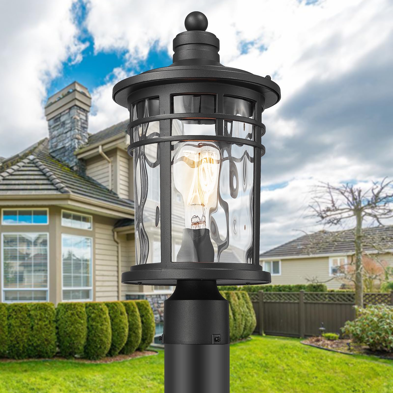 Darkaway Large Outdoor Post Light, 17" Aluminum Fixture, Black with Water Ripple Glass, Model 6X20P-M BK+WG, Ideal for Patio and Garden