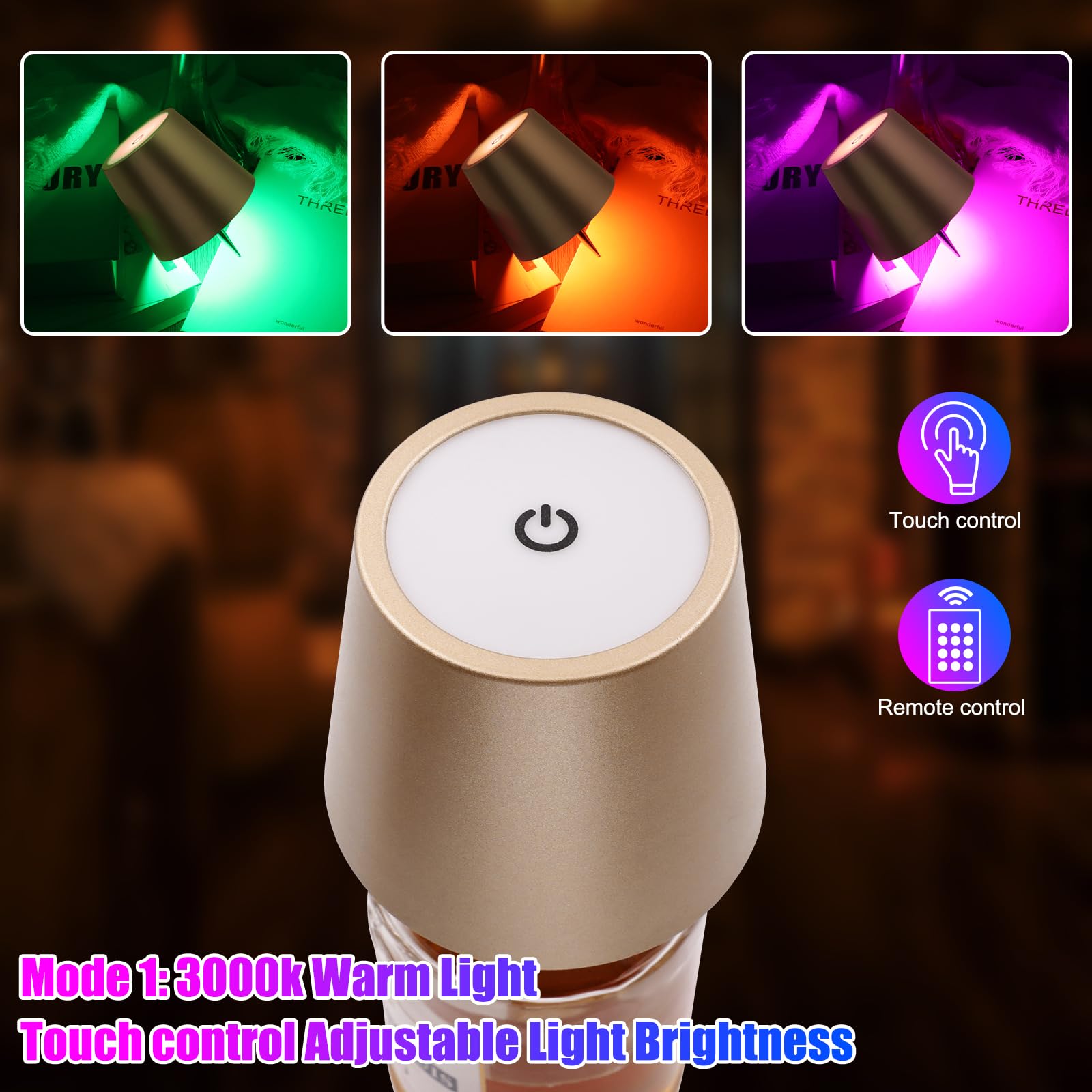 Wireless Bottle Lamp With Remote Control  Rechargeable Rgb Wine Bottle With 3Modes Light Dimming  Waterproof Touch Lamp Head For Room  Bar  Restaurant And Party Decorations(Gold Rgb)