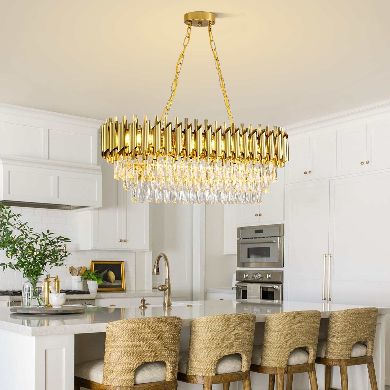 AKDXIRUN 8-Light Modern Gold Crystal Chandelier, 32in Rectangular Pendant Light for Dining Room, Living Room, Kitchen Island, Brass Gold