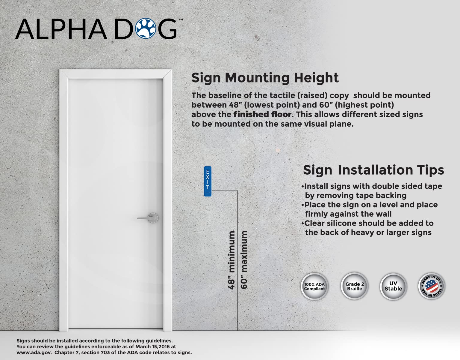 Alpha Dog Ada Signs Vertical Braille Exit Sign 8X2 Inch Ada Compliant Indoor Outdoor Business Easy Install Usa Made (Blue)