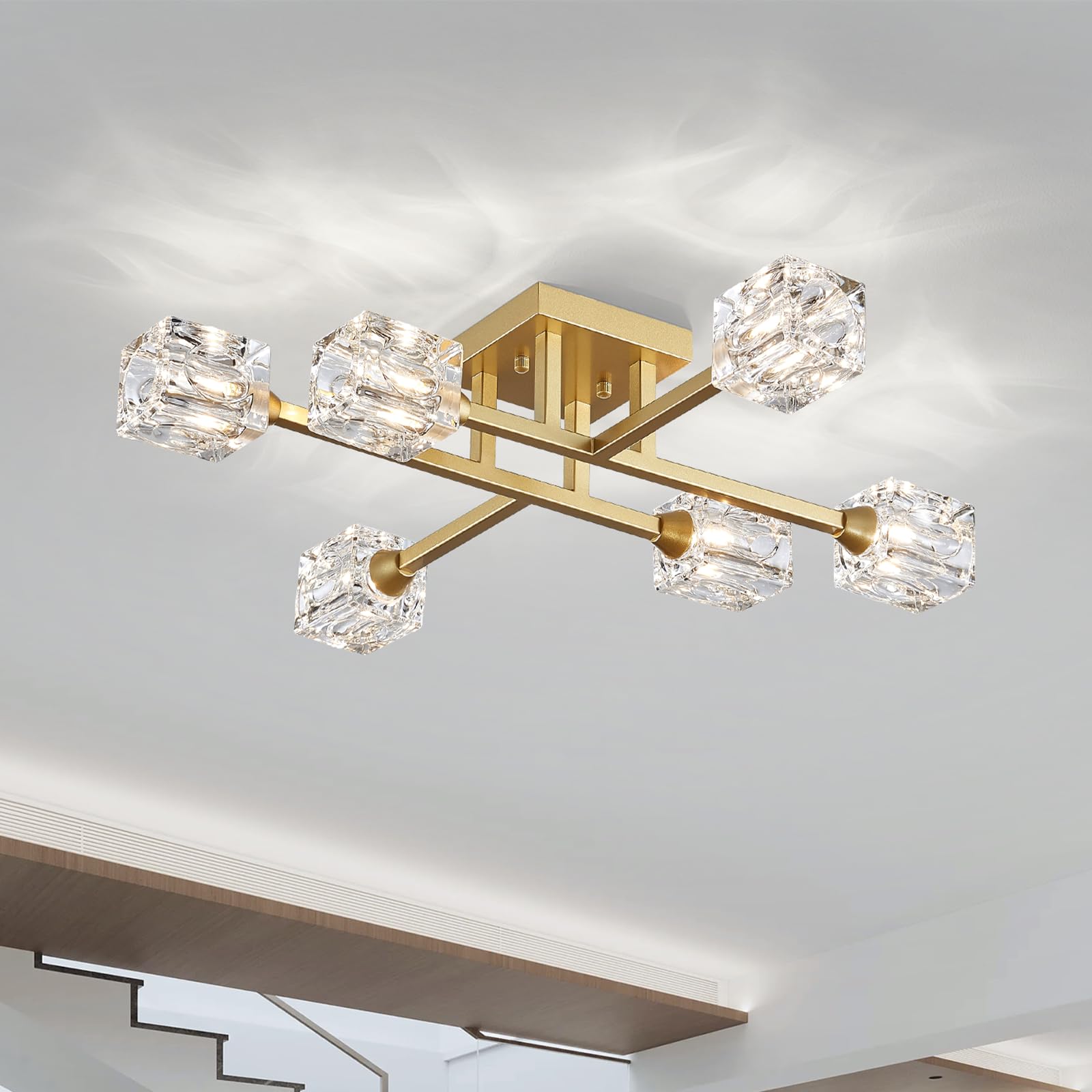 Xingqi Modern Ceiling Light 6 Lights Semi Flush Mount Ceiling Light Fixture, Gold Sputnik Chandeliers Mid Century Industry Light