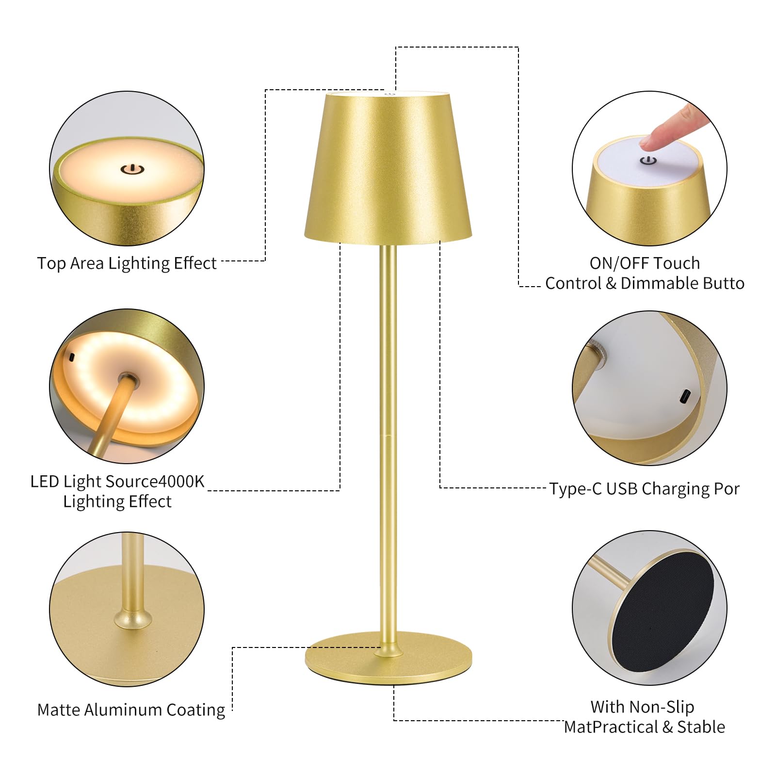 IMQSQIK Cordless Table Lamps USB Rechargeable LED Touch Control 2Pcs Gold