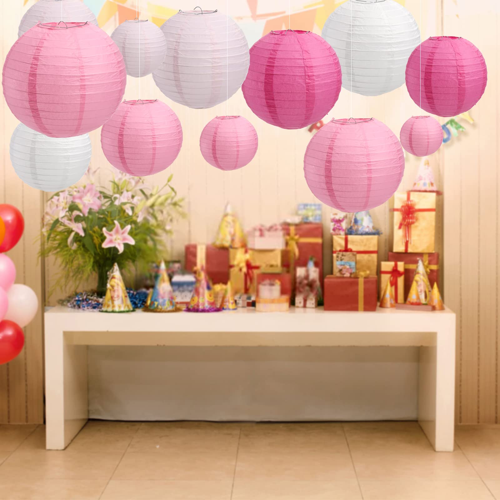 Tosnail Set Of 20 Pieces Pink And White Paper Lanterns With 43 Yards Crystal Strings, Chinese Lanterns, Pink Party Decoration, V